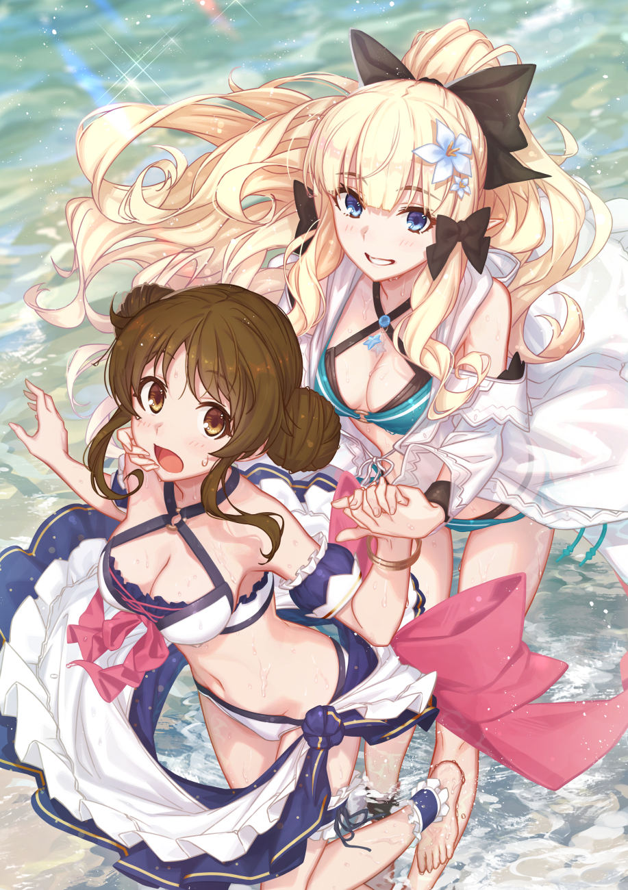 Anime 917x1300 anime anime girls digital art artwork portrait display boobs big boobs small boobs blonde brunette brown eyes blue eyes long hair water legs feet bare shoulders belly button ponytail open mouth bikini cleavage Yachimoto Princess Connect Re:Dive Saren (Princess Connect) Suzume (Princess Connect)
