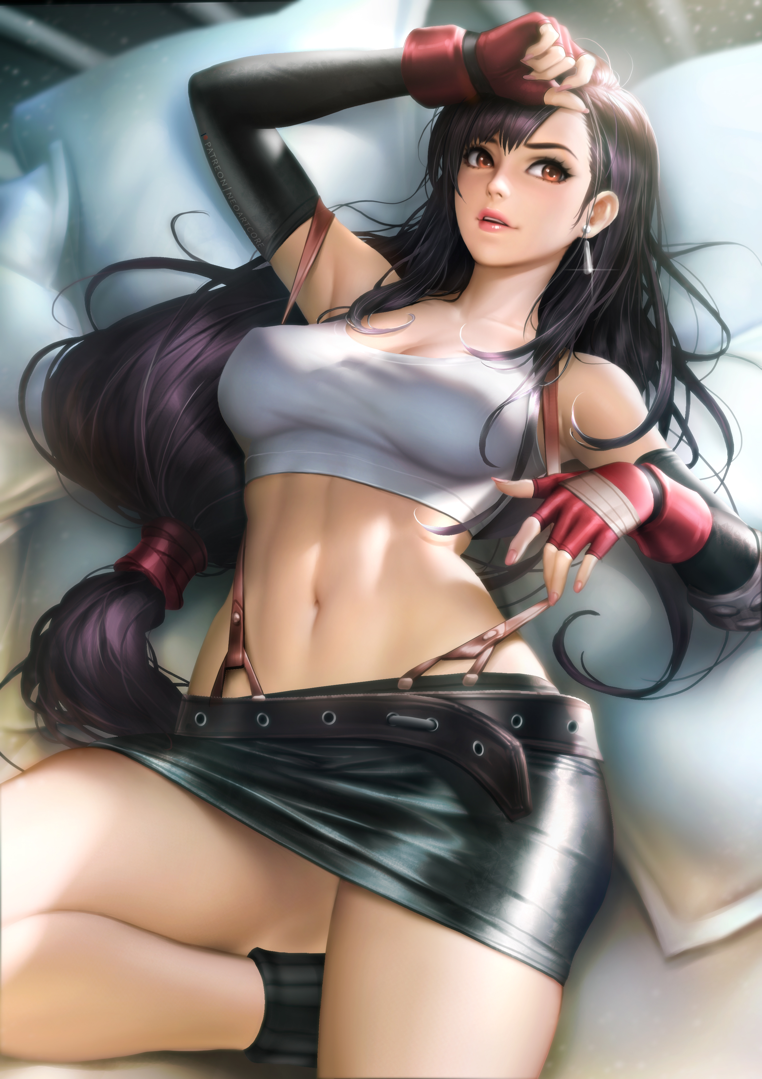 Anime 2480x3508 Tifa Lockhart Final Fantasy Final Fantasy VII video games video game characters anime girls brunette long hair red eyes looking away white tops belly miniskirt suspenders curvy lying on back pillow in bed top view fingerless gloves video game girls anime artwork drawing digital art illustration fan art NeoArtCorE (artist) portrait display boobs big boobs