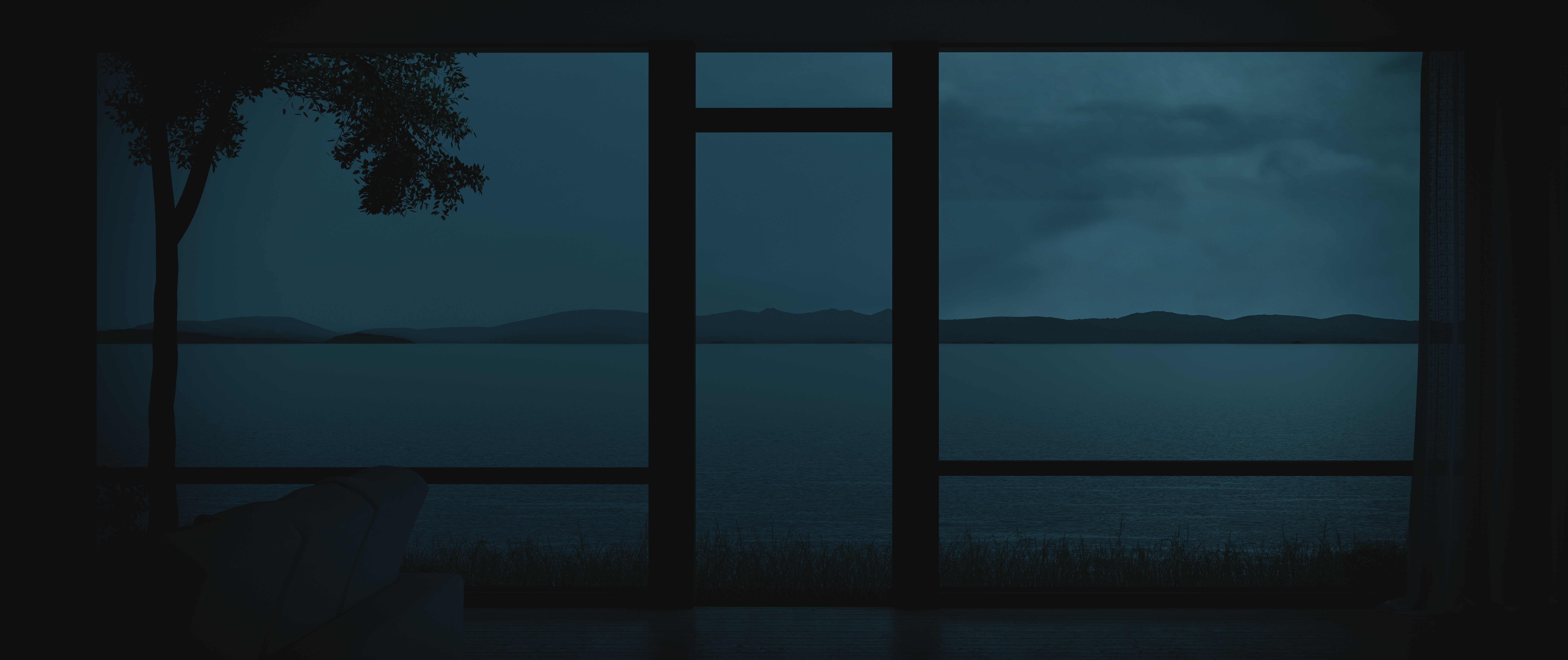 General 9600x4040 CGI digital art lake window panorama dark night