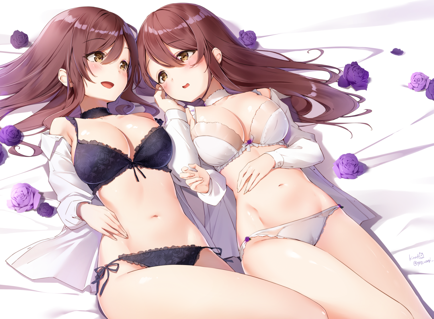 Anime 1524x1119 anime anime girls boobs big boobs lingerie flowers rose bra panties THE iDOLM@STER: Shiny Colors Oosaki Amana Oosaki Tenka THE iDOLM@STER