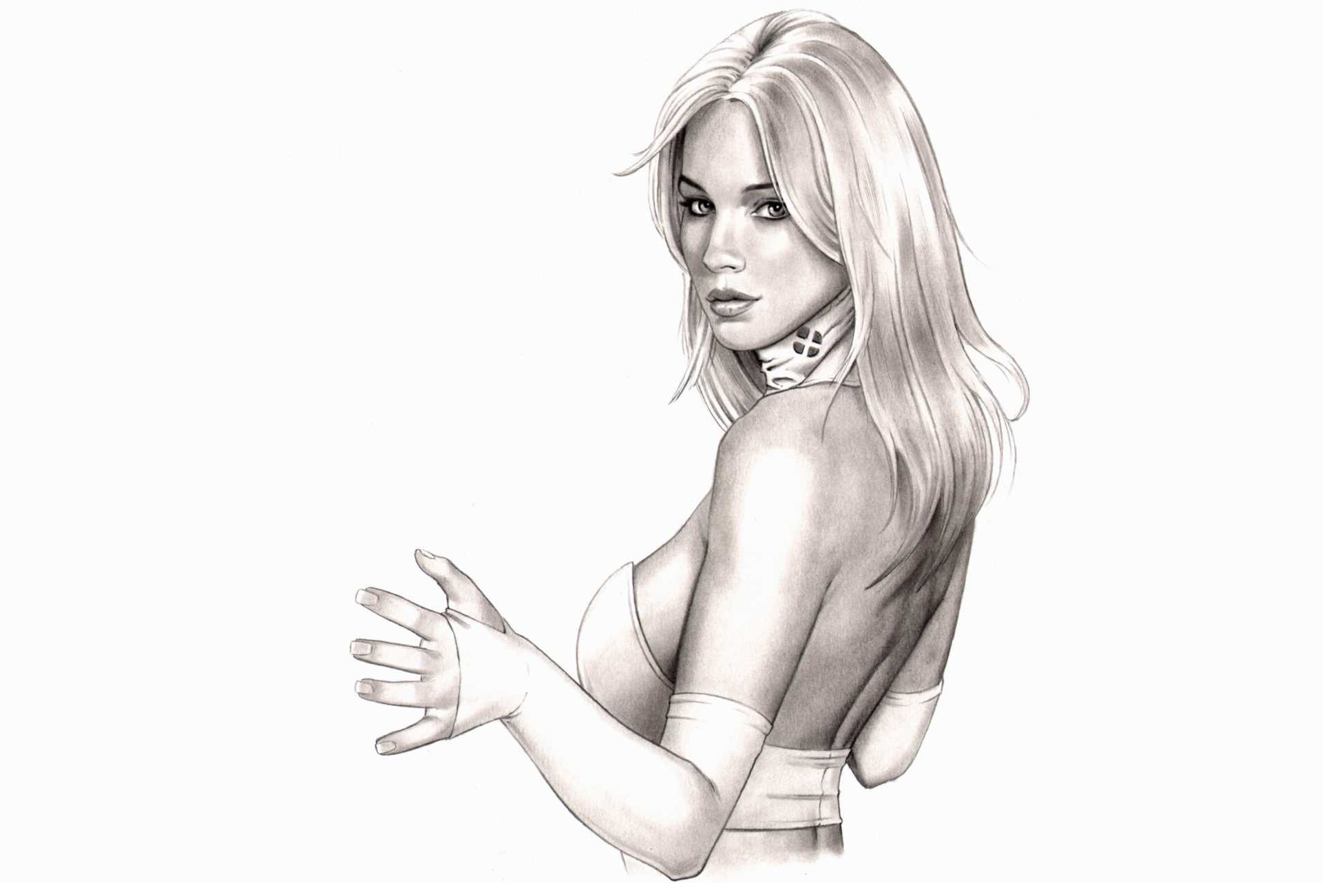 General 1920x1282 simple background white background drawing women artwork long hair Emma Frost