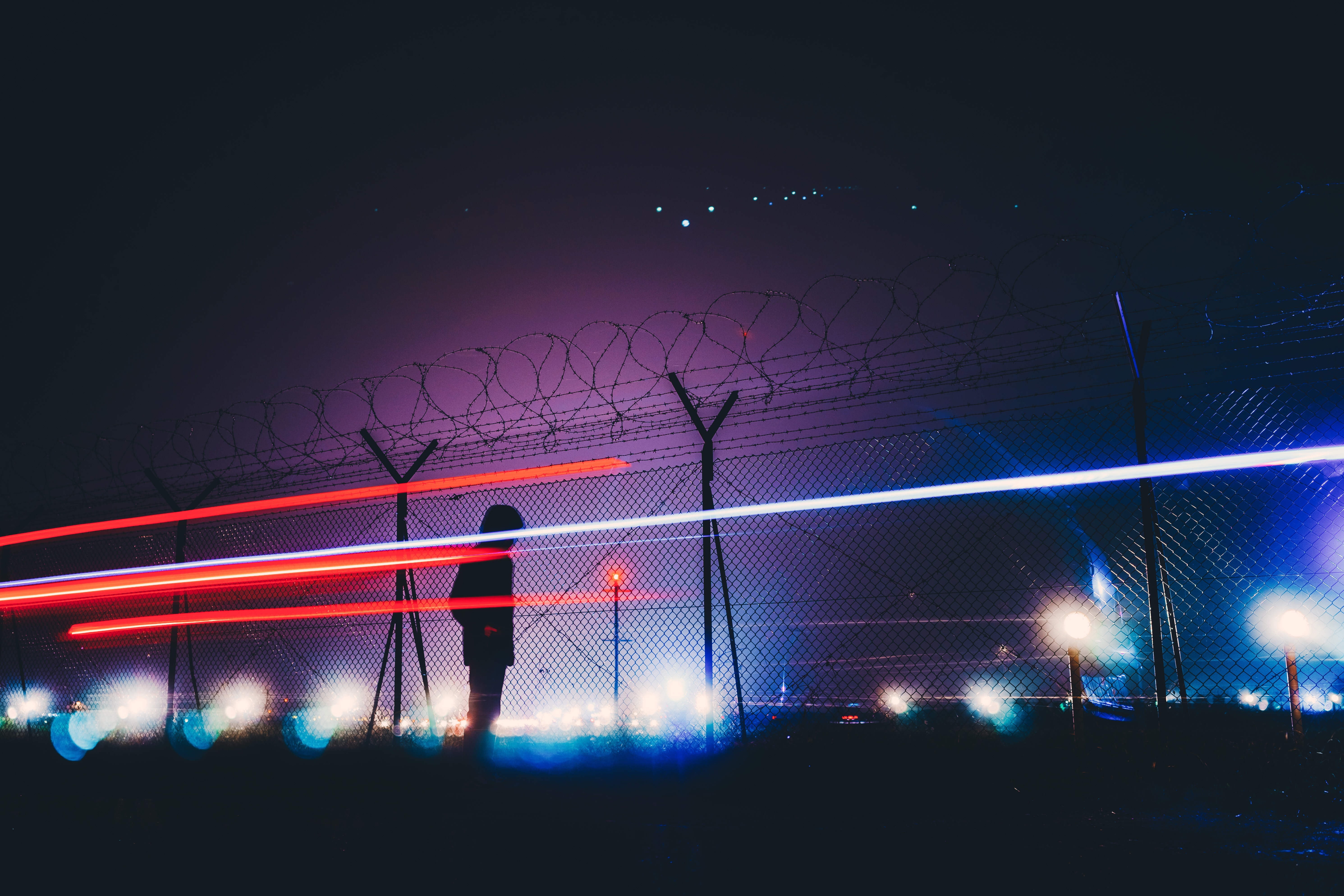 General 5962x3975 Italy night lights fence long exposure barbed wire airport sky night sky silhouette wires grid light trails urban dusk dark digital art low light