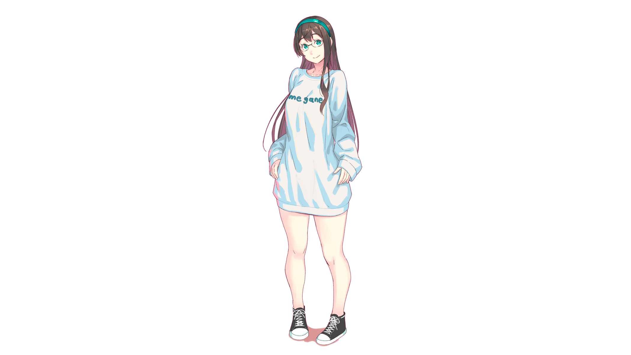 Anime 2133x1200 Ooyodo (KanColle) Kantai Collection anime girls women long hair headband looking at viewer women with glasses smiling sweatshirts Converse 2D