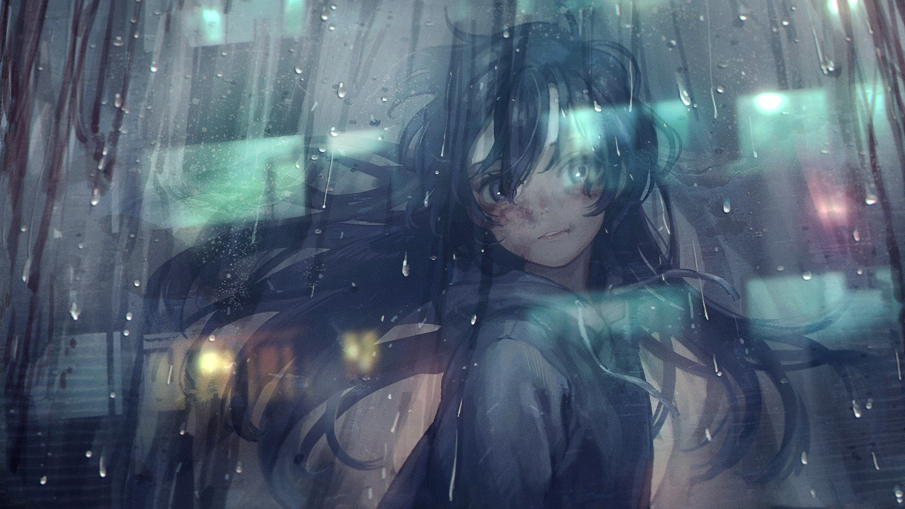 Anime 1812x1019 water drops rain wind reflection window dirty messy hair sweatshirts
