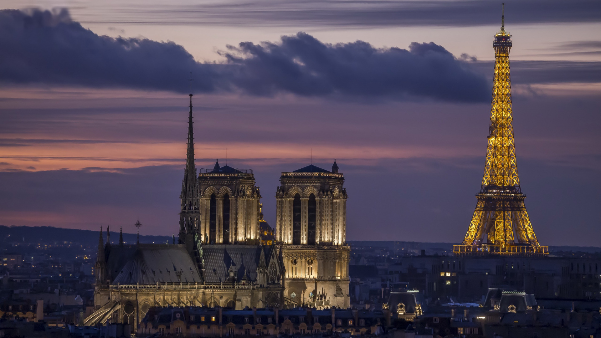 General 1920x1080 architecture building house Paris Eiffel Tower clouds evening sunset Notre-Dame cathedral capital France landmark Europe