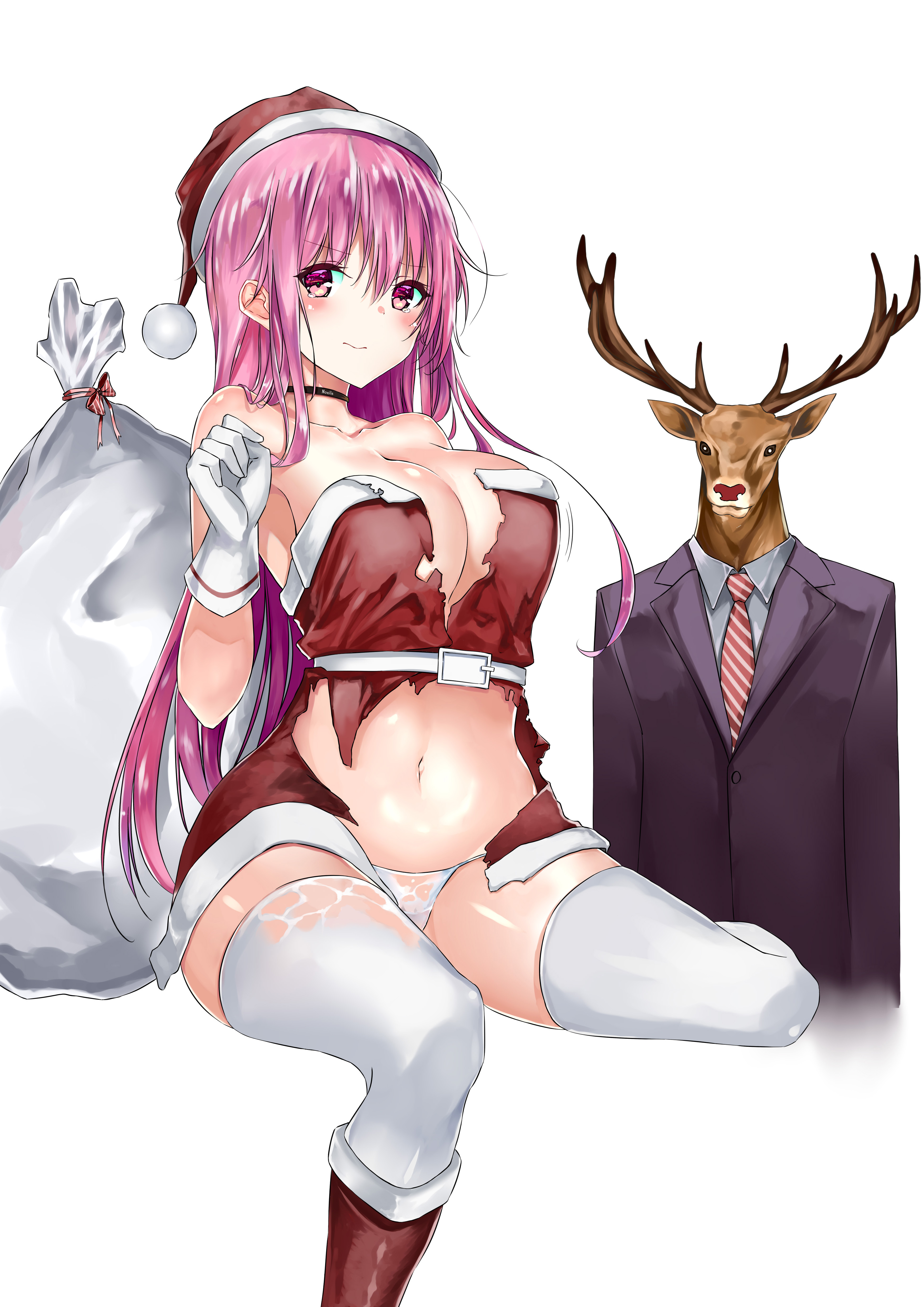 Anime 3507x4960 Christmas cleavage business suit no bra panties see-through clothing thigh-highs torn clothes wet clothing big boobs pink hair anime girls anime