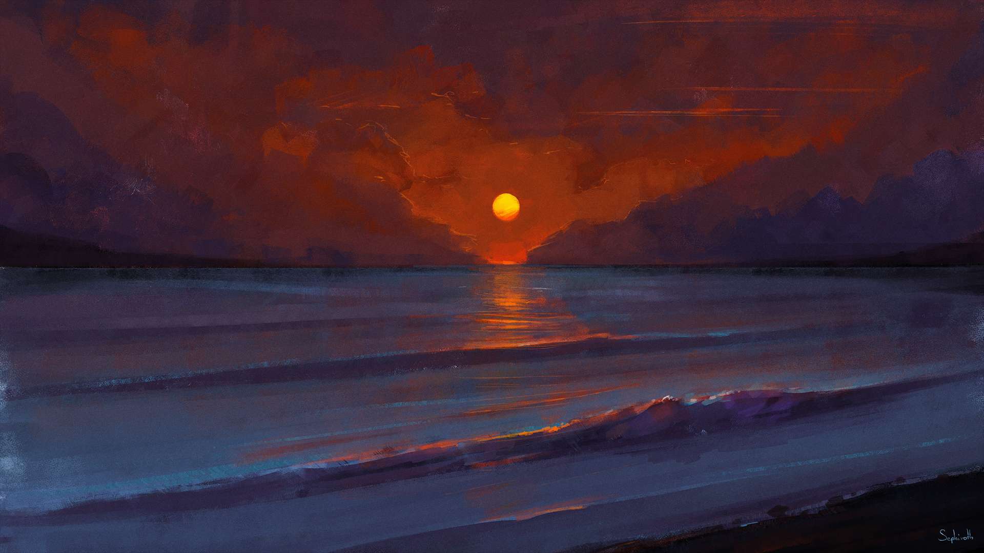 General 1920x1080 digital art landscape sea sunset painting Sephiroth (Artist)