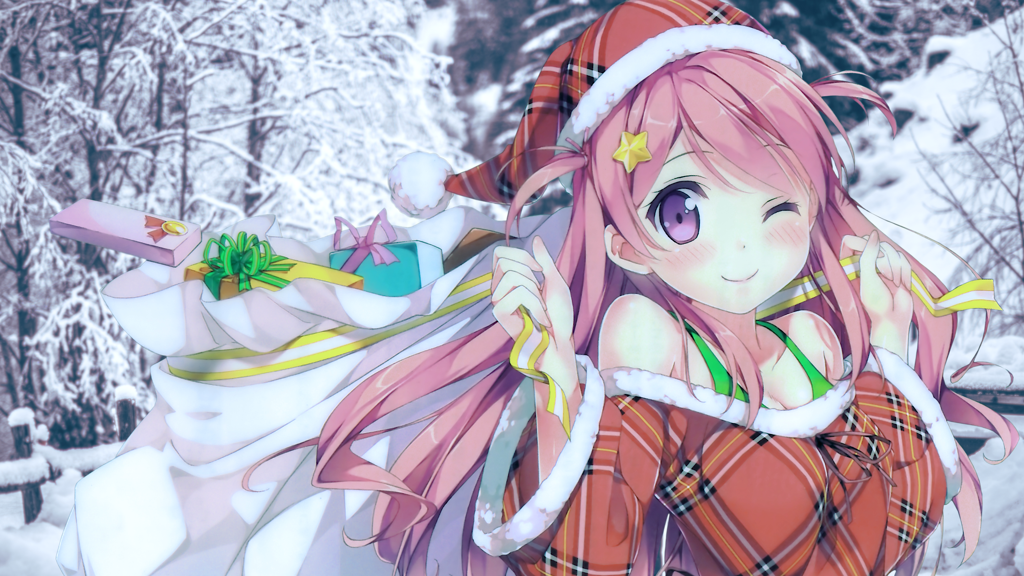 Anime 3478x1957 Kantoku snow covered Christmas presents pink hair purple eyes edit anime girls