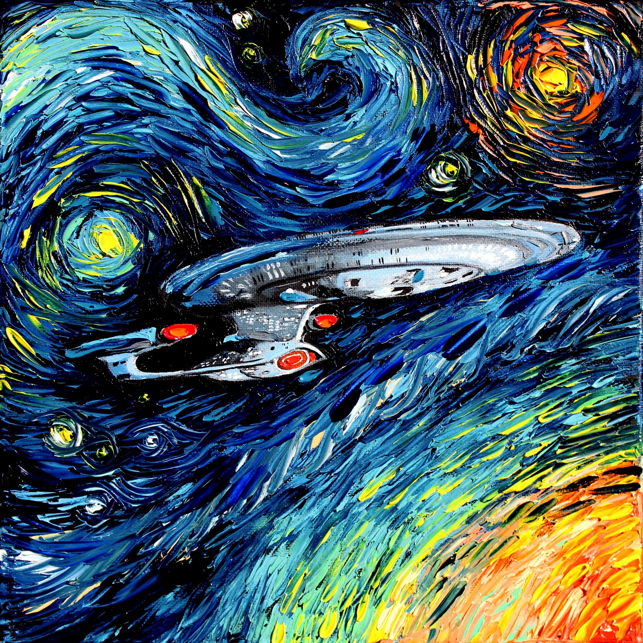 General 2048x2048 traditional art painting artwork Star Trek Vincent van Gogh humor The Starry Night starry night spaceship TV series colorful the next generation star trek: the next generation Star Trek Ships USS Enterprise NCC-1701D