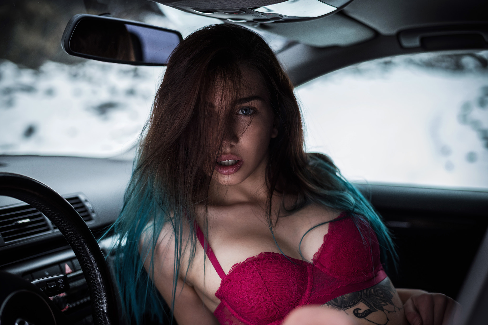 People 2048x1365 women hair in face bra tattoo lingerie dyed hair portrait women with cars car interior