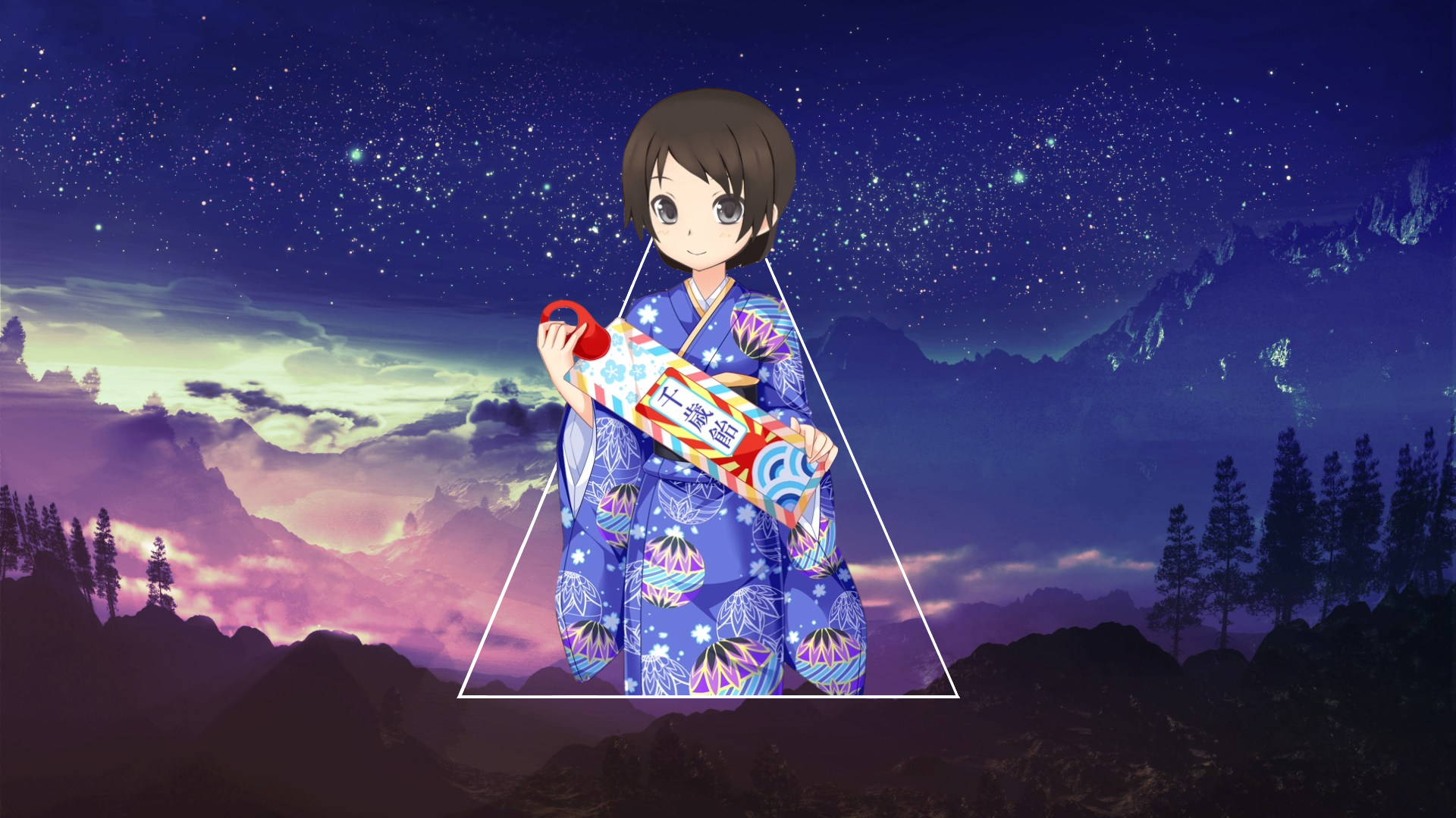 Anime 1920x1080 kimono purple background anime girls anime short hair brunette picture-in-picture