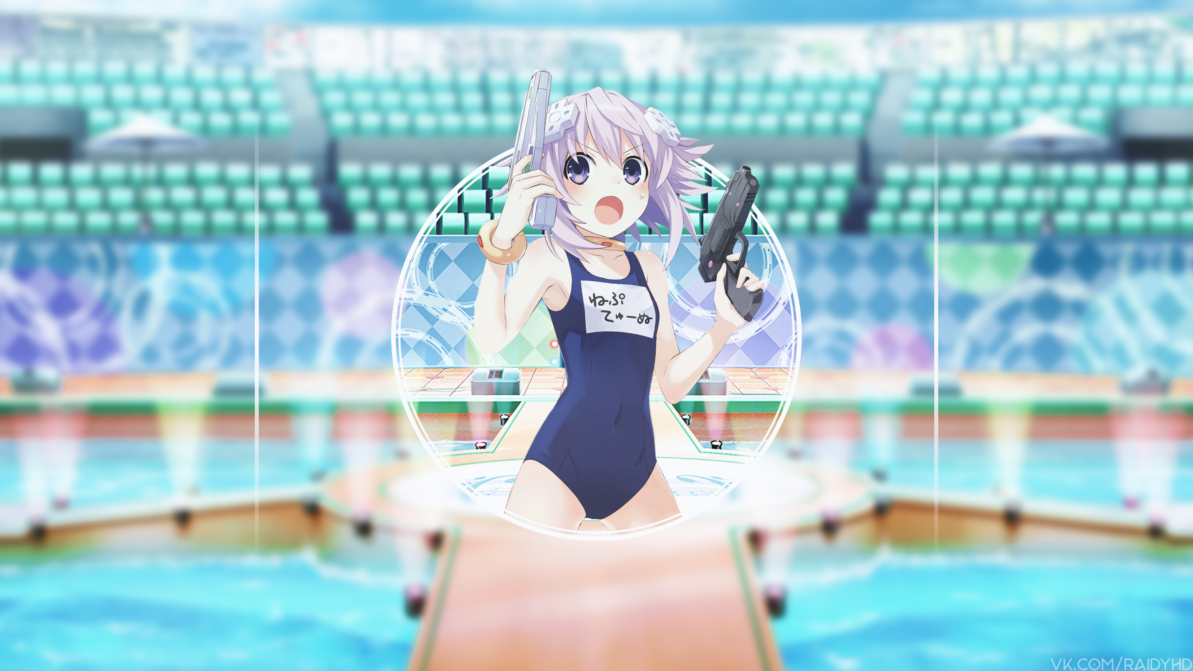 Anime 3840x2160 anime girls anime picture-in-picture one-piece swimsuit Neptune (Hyperdimension Neptunia) cyan gun girls with guns Japanese Hyperdimension Neptunia