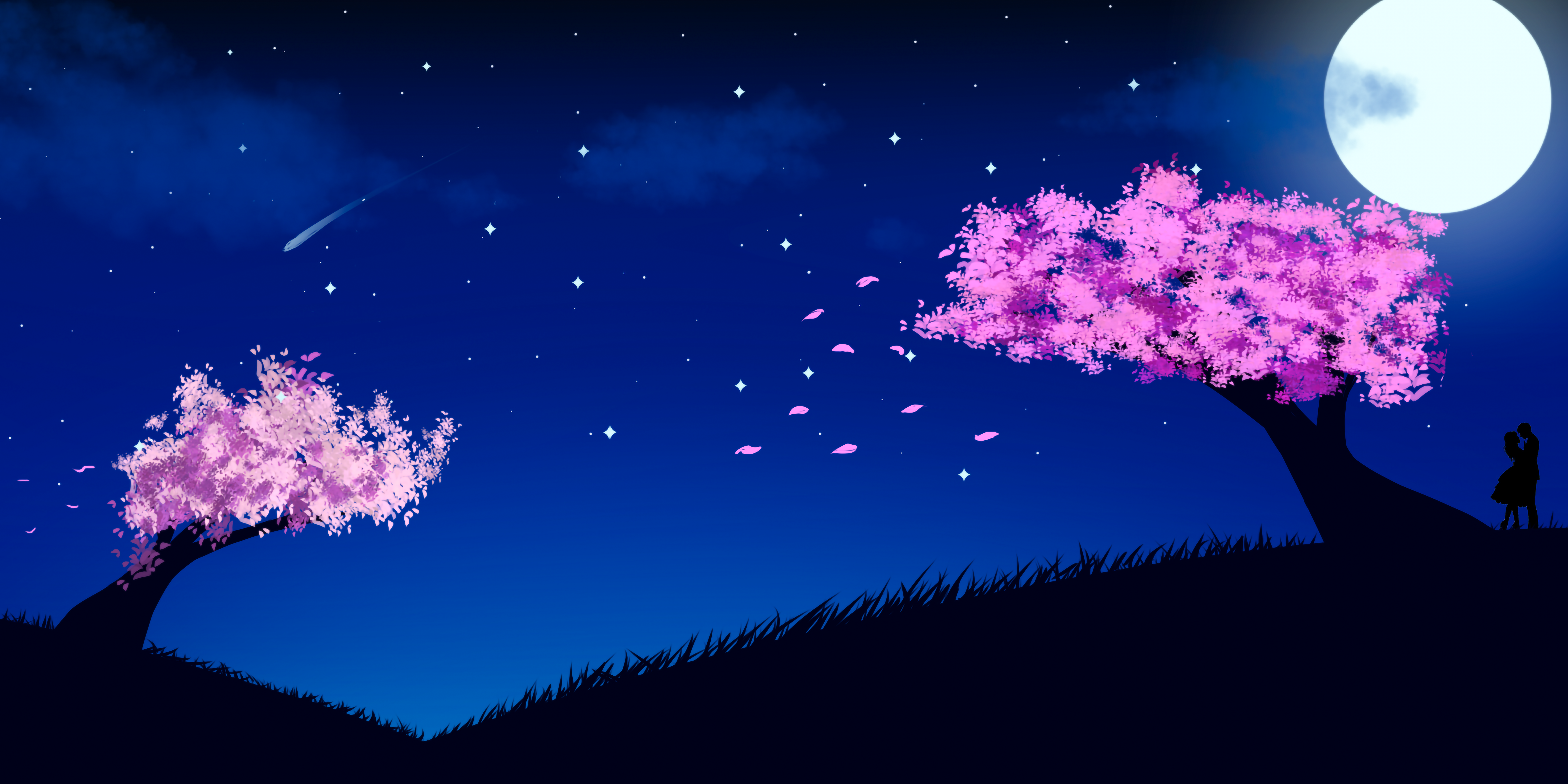 General 8640x4320 cherry blossom pink couple kissing grass landscape Moon sky night night sky clouds blue wind stars shooting stars artwork