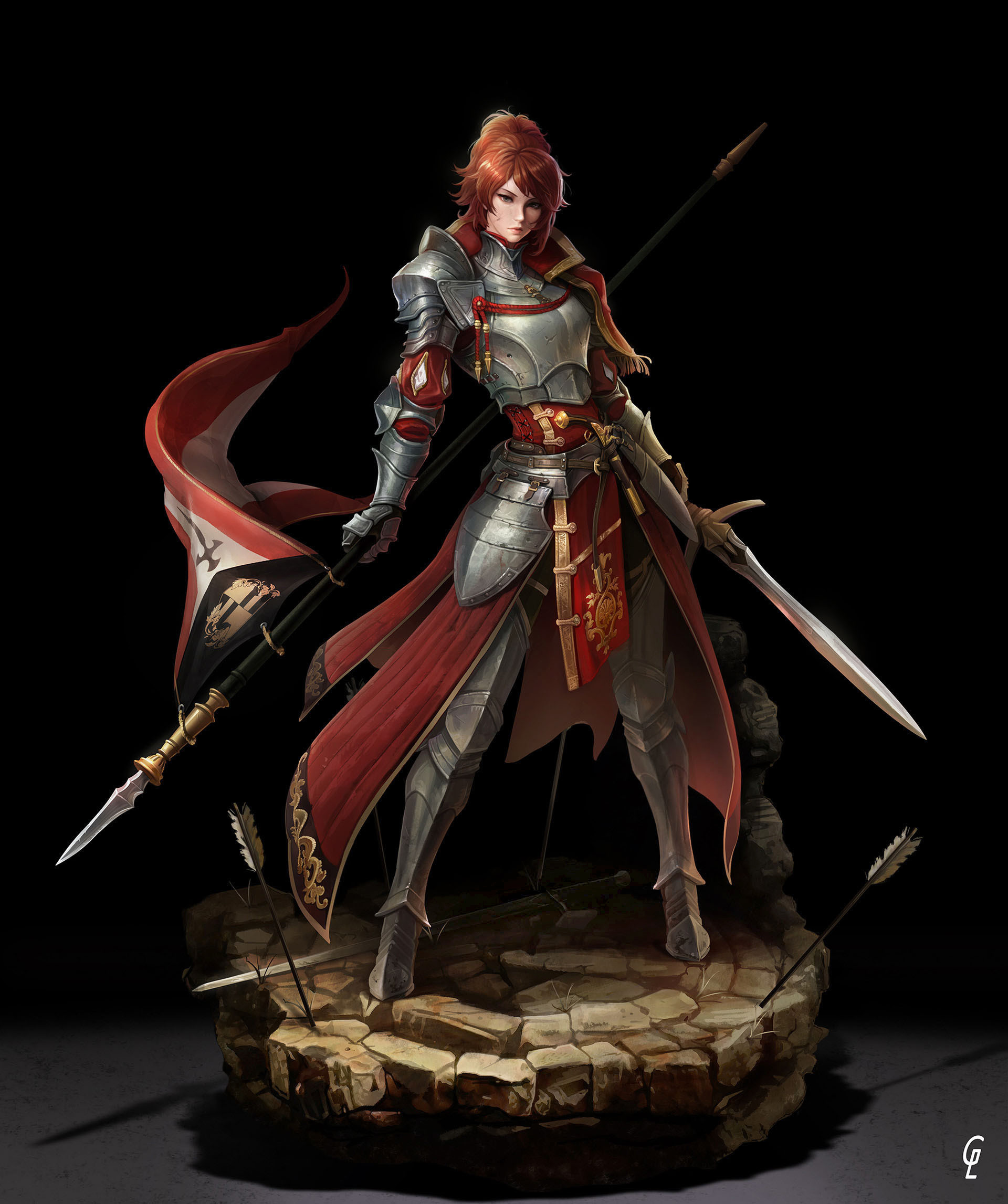 General 1920x2294 Park JunKyu drawing women redhead ponytail warrior armor weapon spear sword arrows steel red clothing skirt black