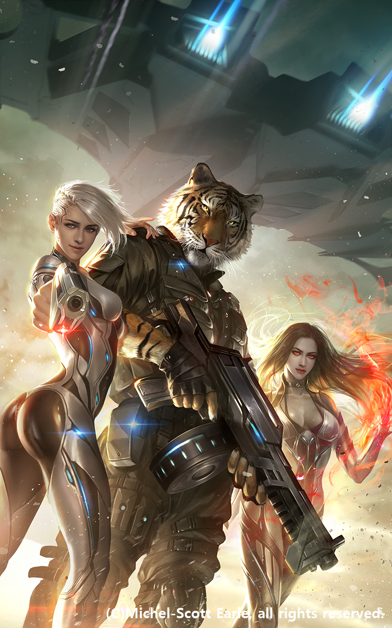 General 800x1280 Eudia Chae drawing fantasy art science fiction women tiger weapon rifles gun spell fire
