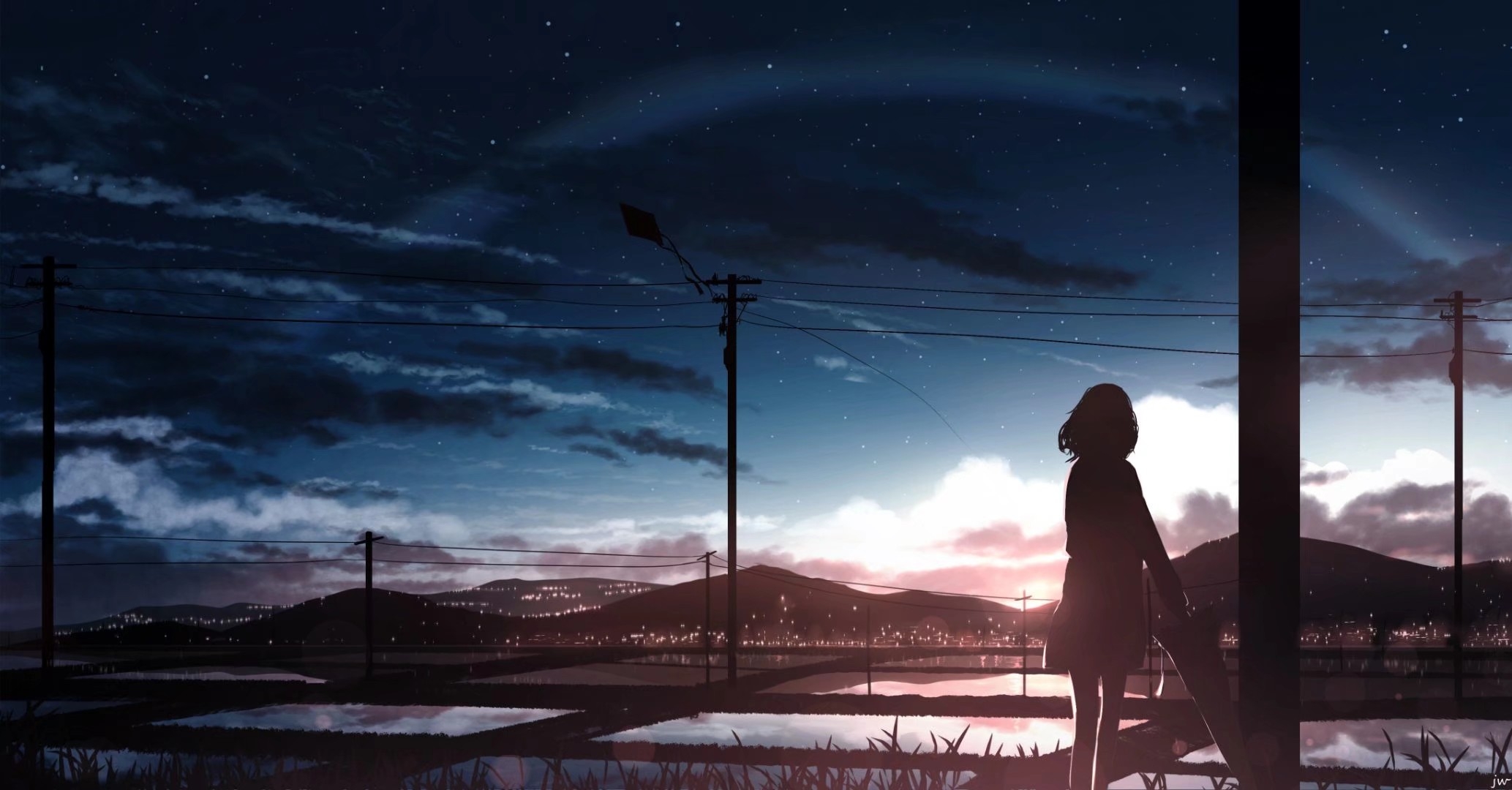 Anime 2067x1080 moescape anime anime girls sunset dark sky landscape