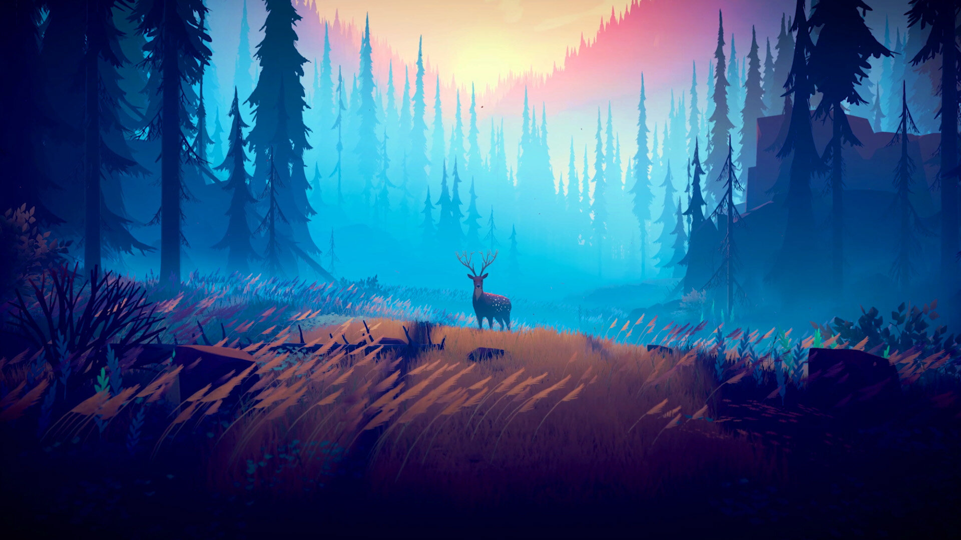 General 1920x1080 illustration deer forest trees Among Trees cyan