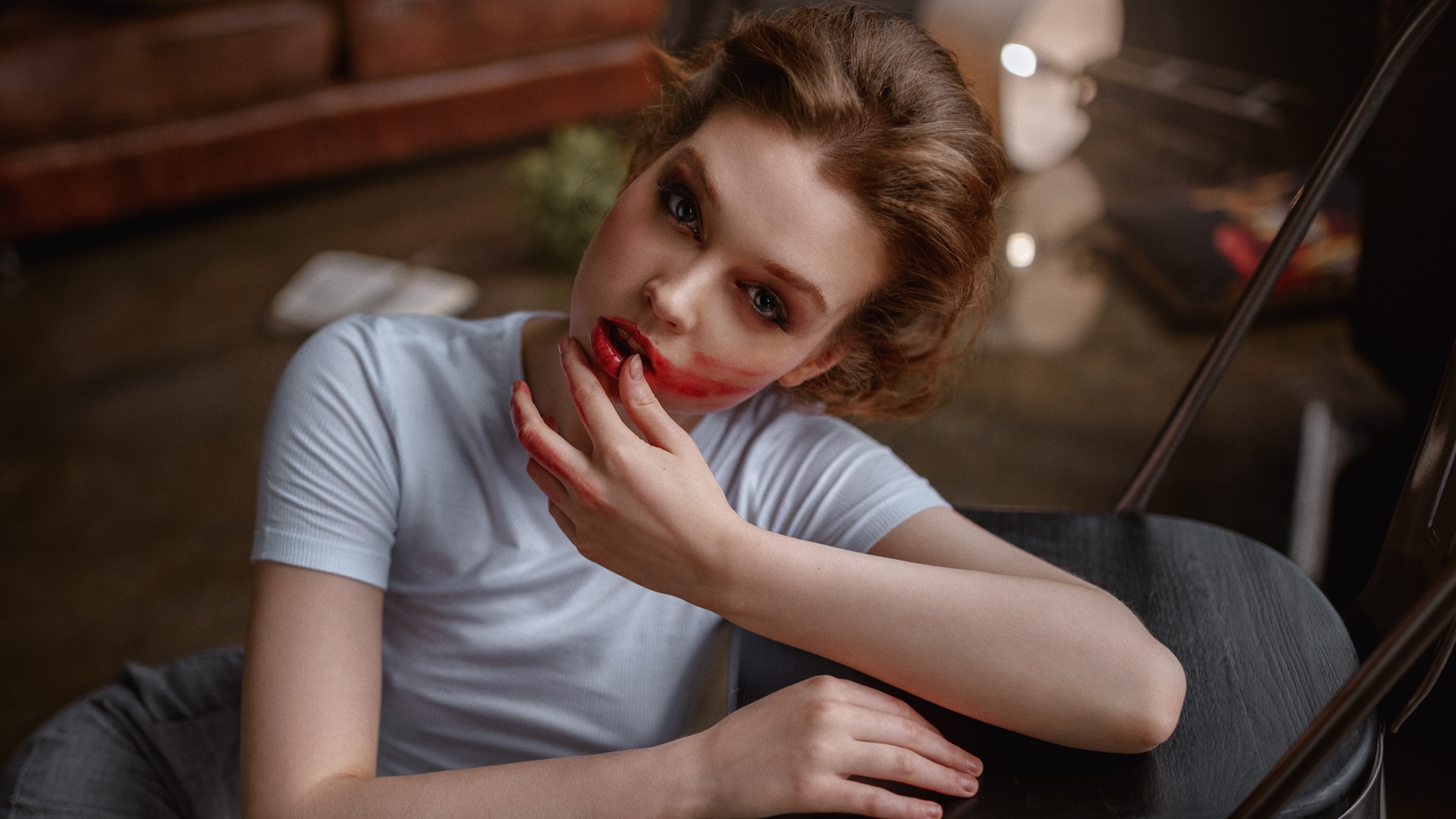 People 2000x1125 Olya Pushkina women model brunette looking at viewer portrait lipstick red lipstick finger on lips T-shirt depth of field parted lips indoors women indoors Georgy Chernyadyev