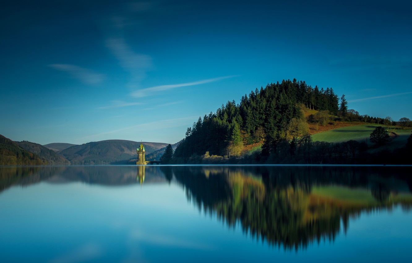 General 1332x850 nature landscape old building Lake Vyrnwy Wales UK tower reflection hills trees forest sky