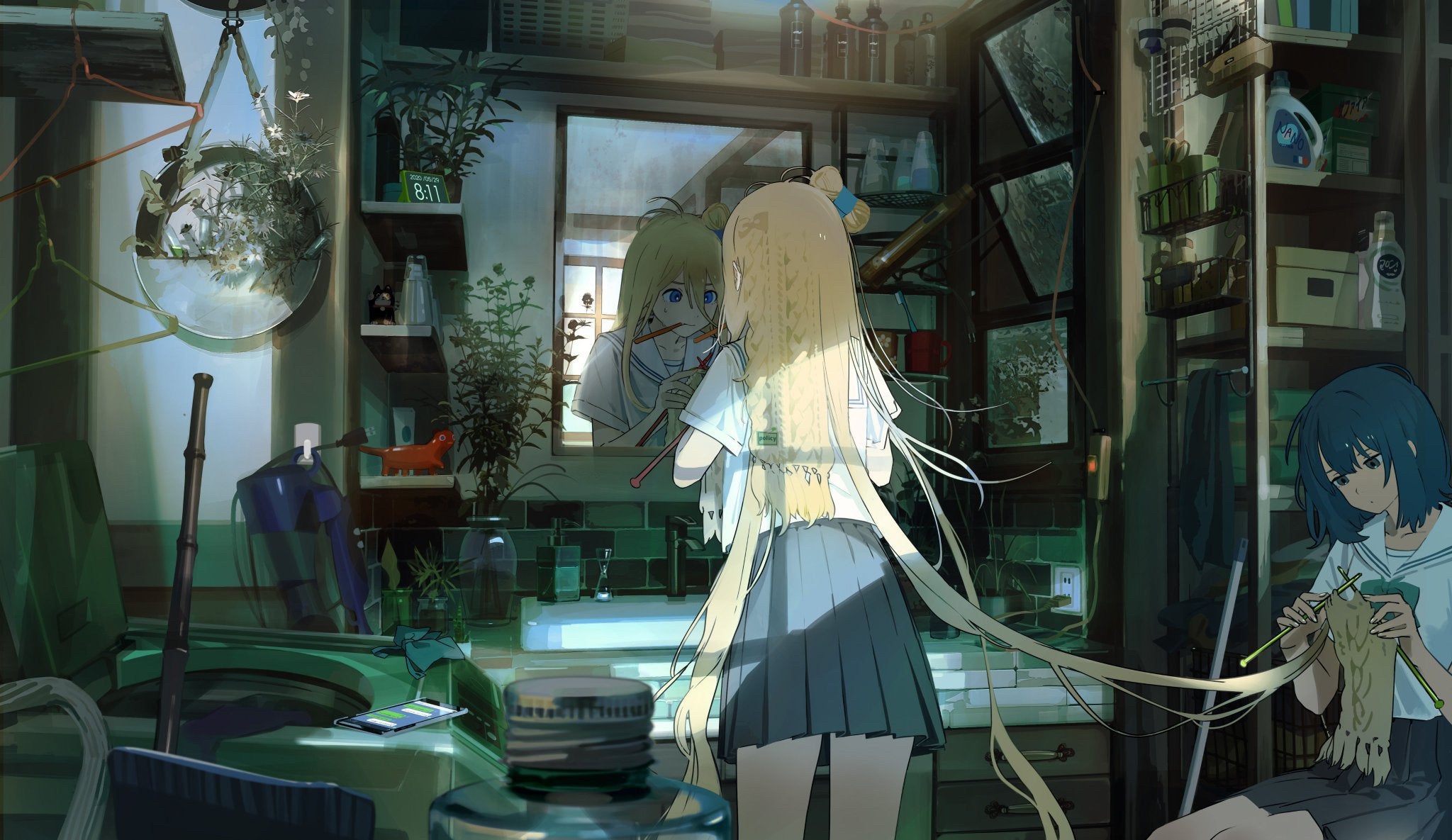 Anime 2048x1185 long hair anime girls anime mirror blonde blue eyes in bathroom school uniform Kukka