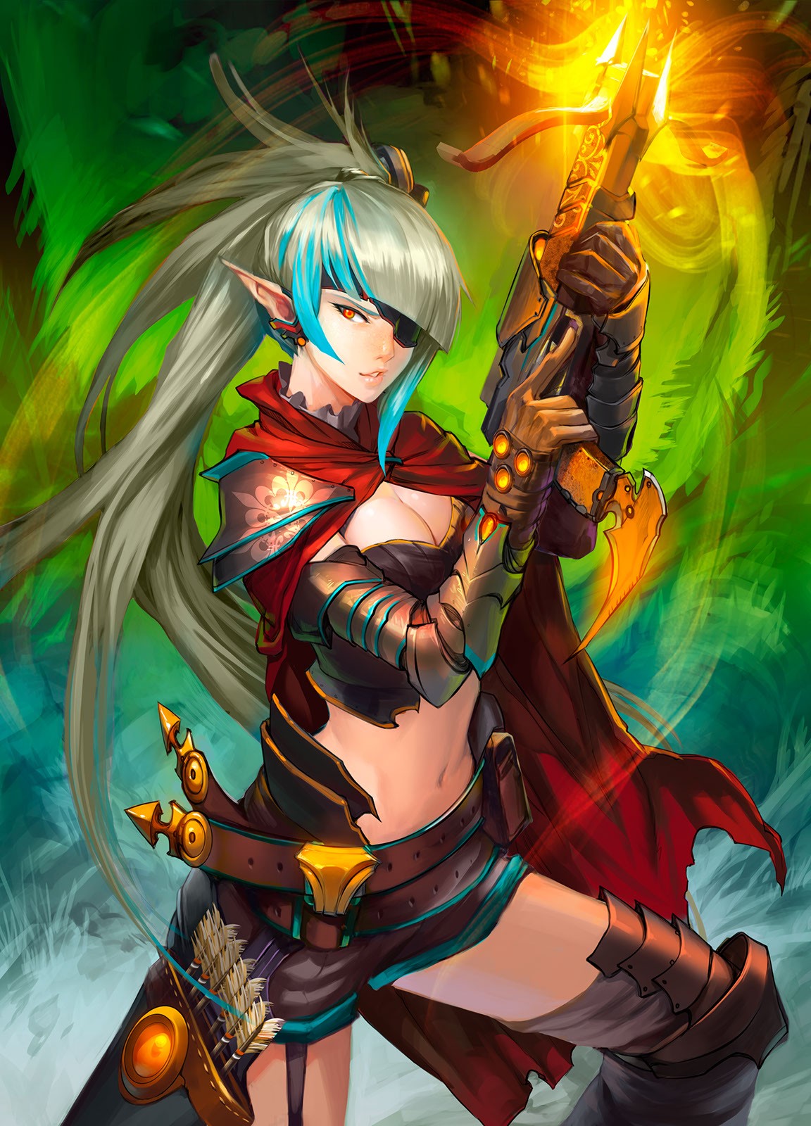Anime 1152x1600 anime anime girls archer steampunk elves open shirt armor long hair gray hair red eyes weapon