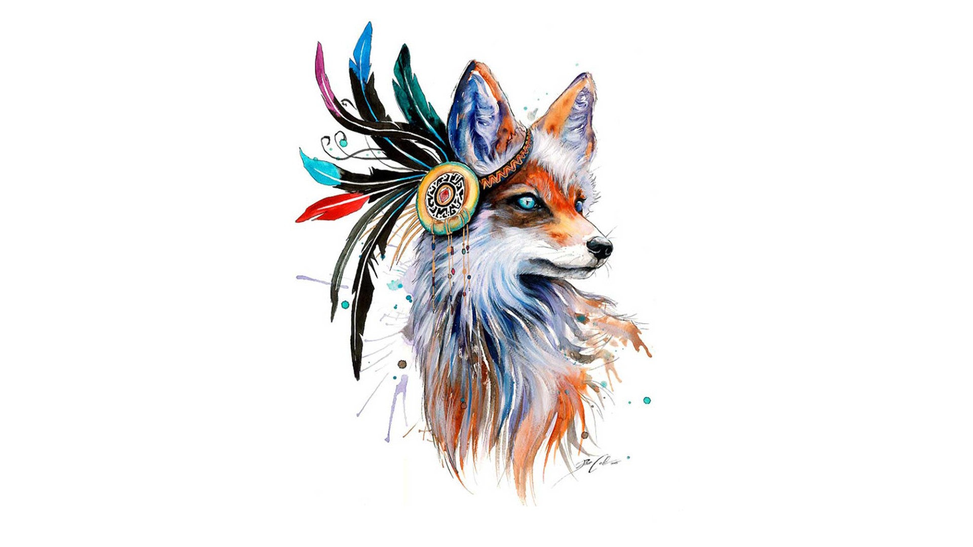 General 1920x1080 fox drawing feathers colorful simple background animals artwork