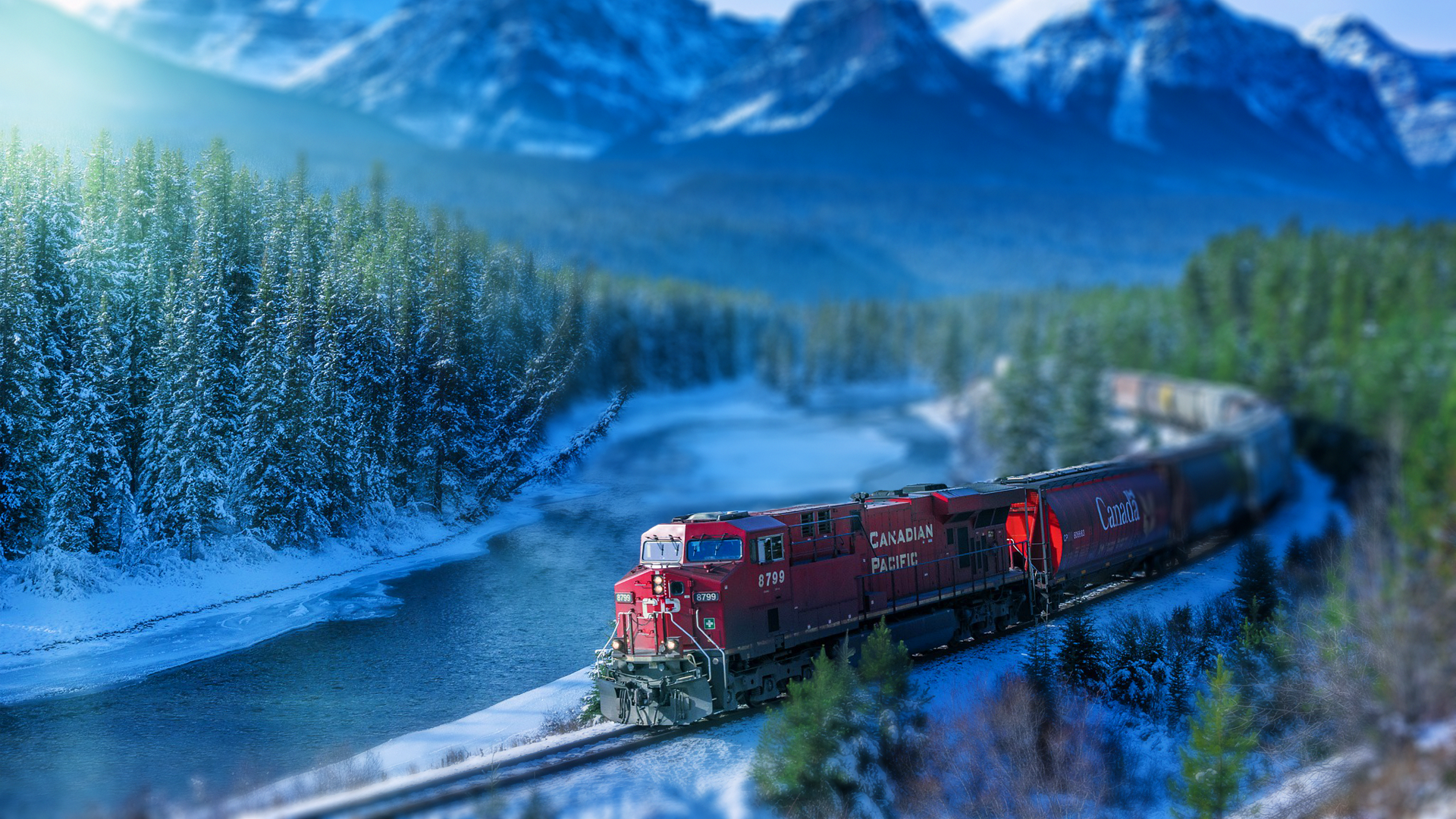 General 1920x1080 train railway winter landscape mountains river snow tilt shift Canada Canadian Pacific Railway