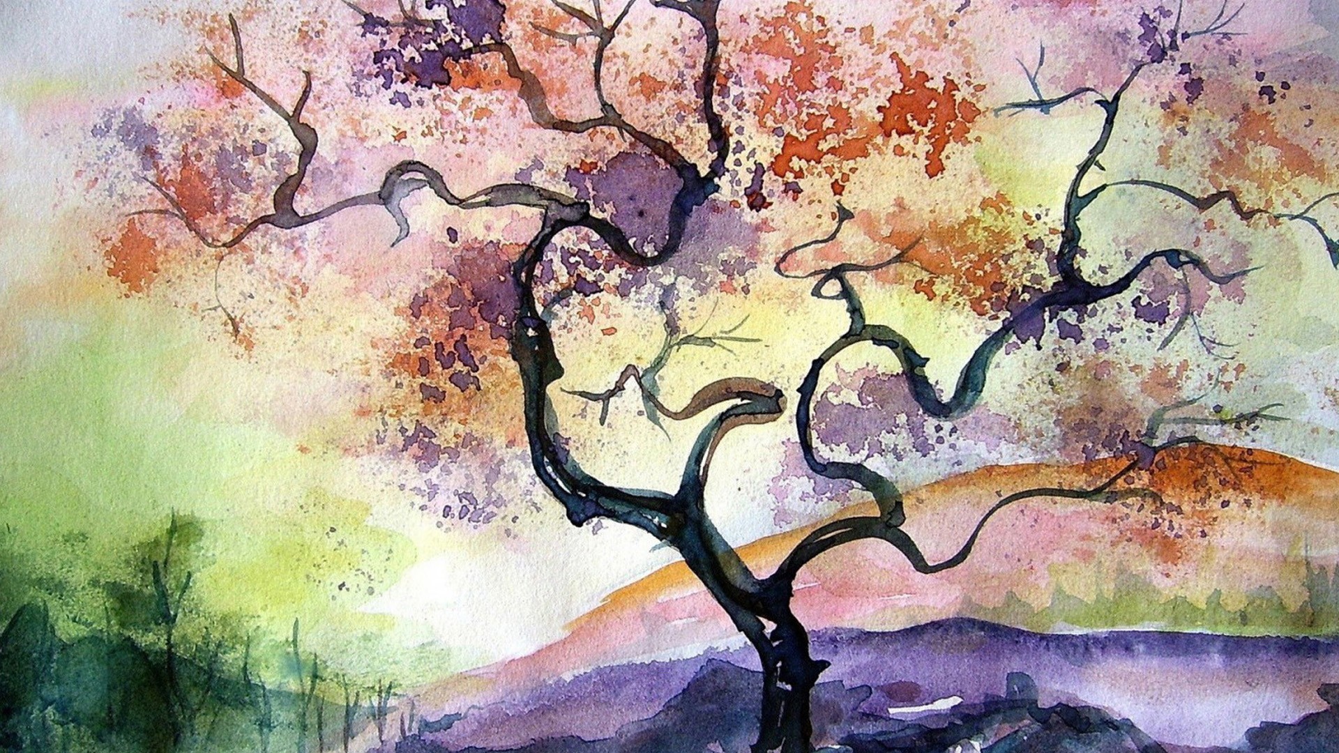 General 1920x1080 painting watercolor artwork warm colors nature landscape trees colorful hills cherry blossom