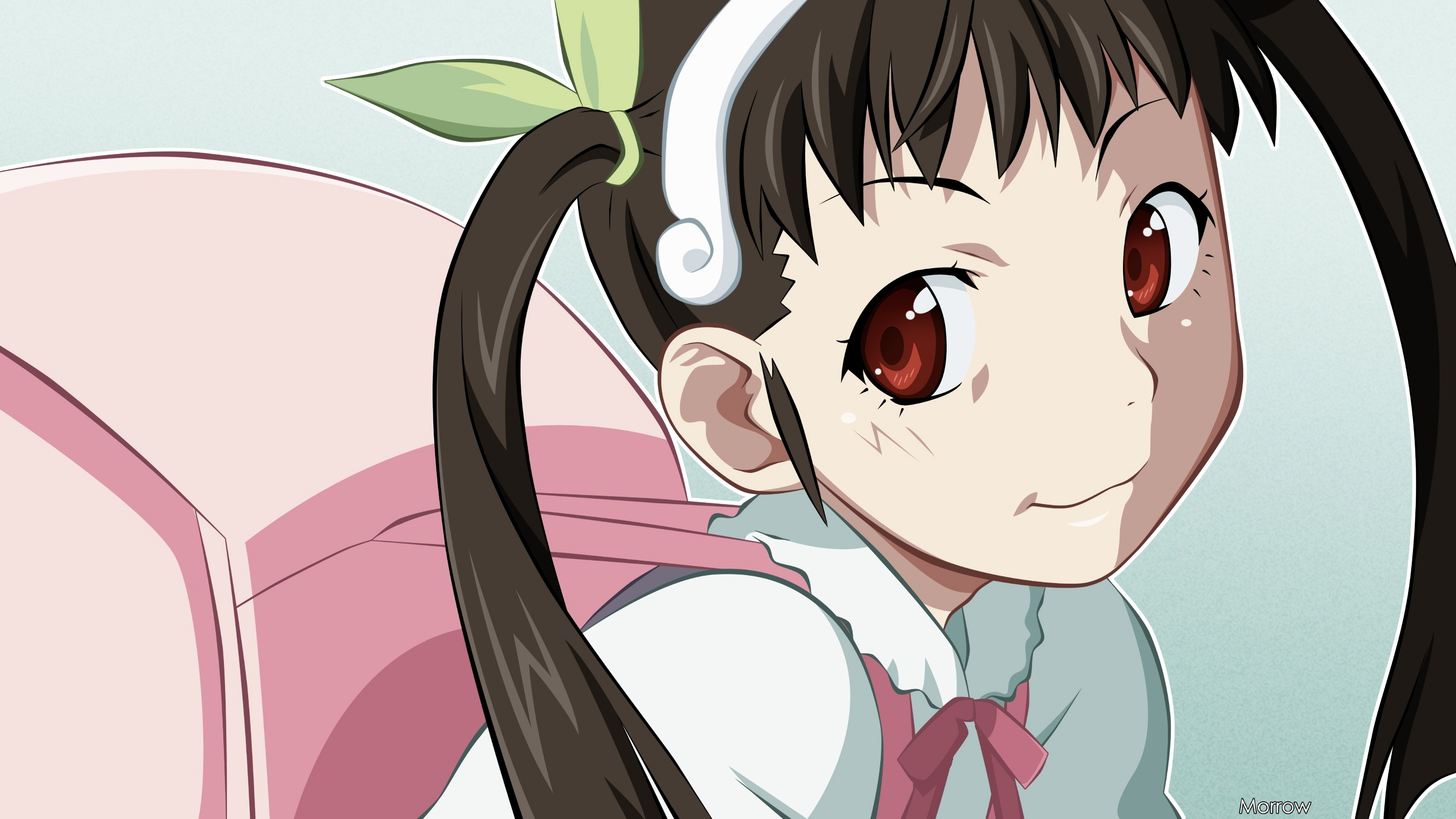Anime 3720x2092 Monogatari Series Hachikuji Mayoi anime girls twintails red eyes brunette simple background long hair anime