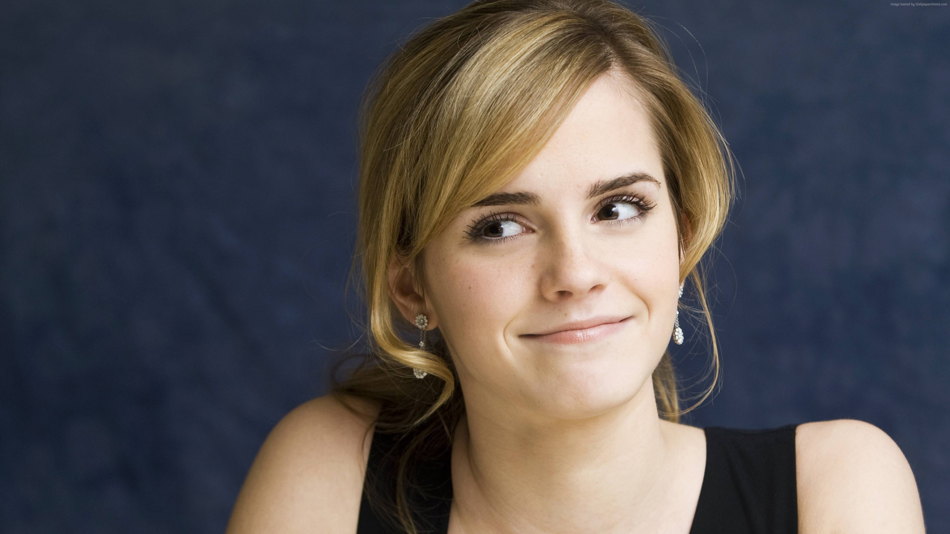 People 3840x2160 Emma Watson blue background smiling women indoors actress celebrity British British women