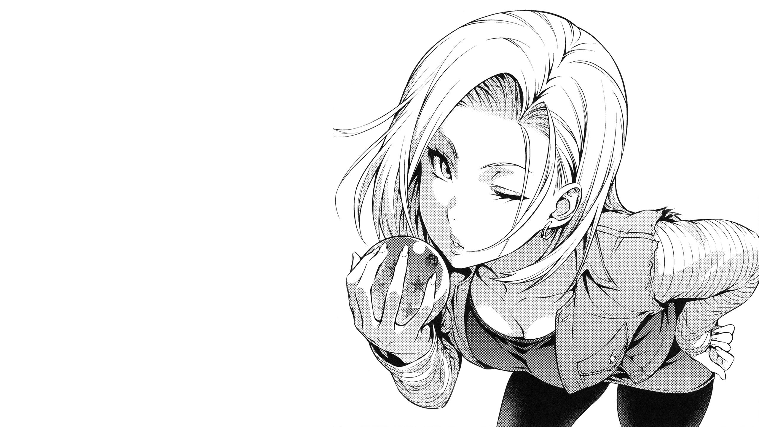 Anime 2560x1440 Dragon Ball Z Dragon Ball Android 18 anime girls simple background wink bent over minimalism looking at viewer cleavage
