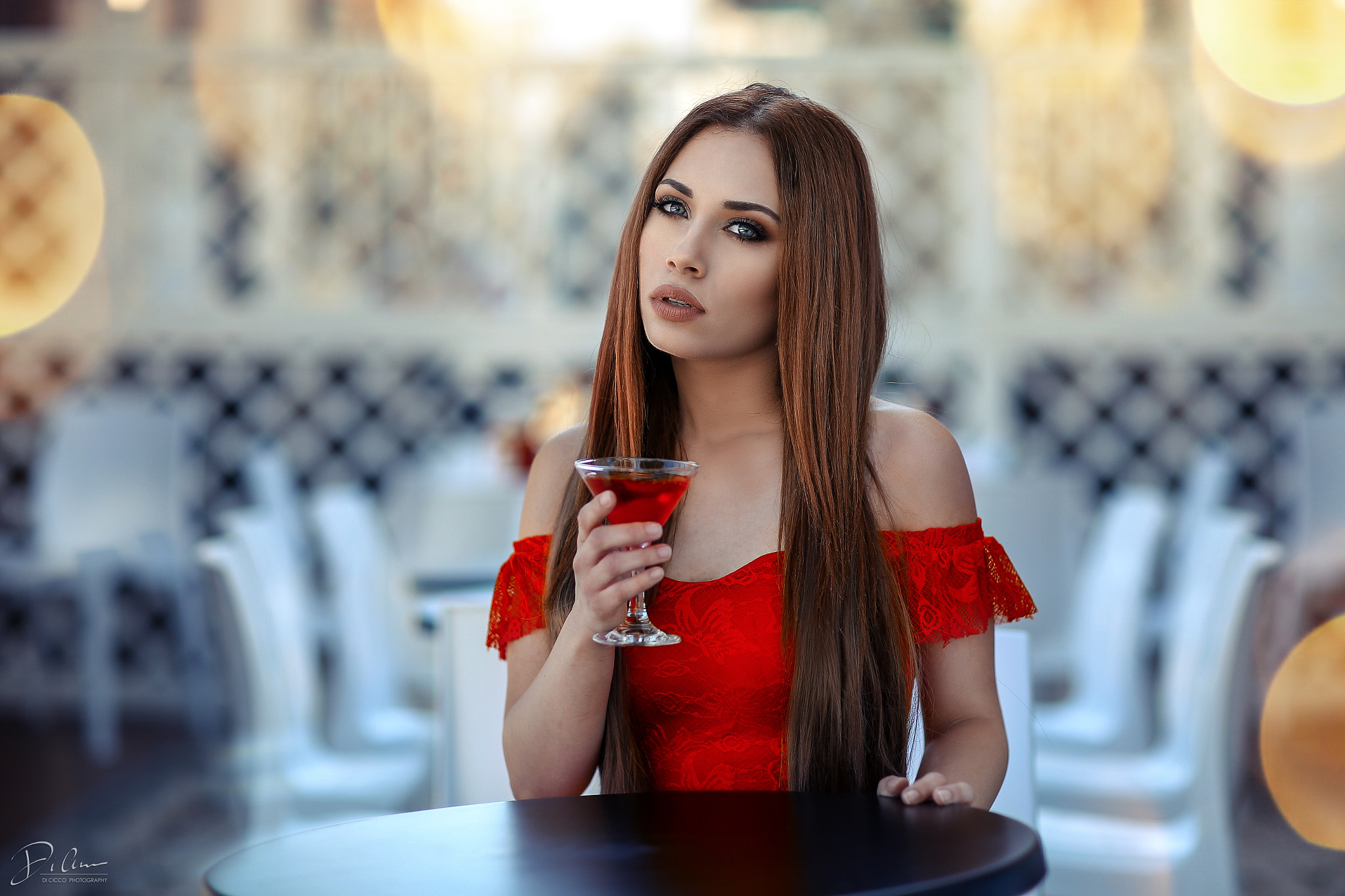 People 2048x1365 women drinking glass table blue eyes depth of field portrait long hair red dress Alessandro Di Cicco