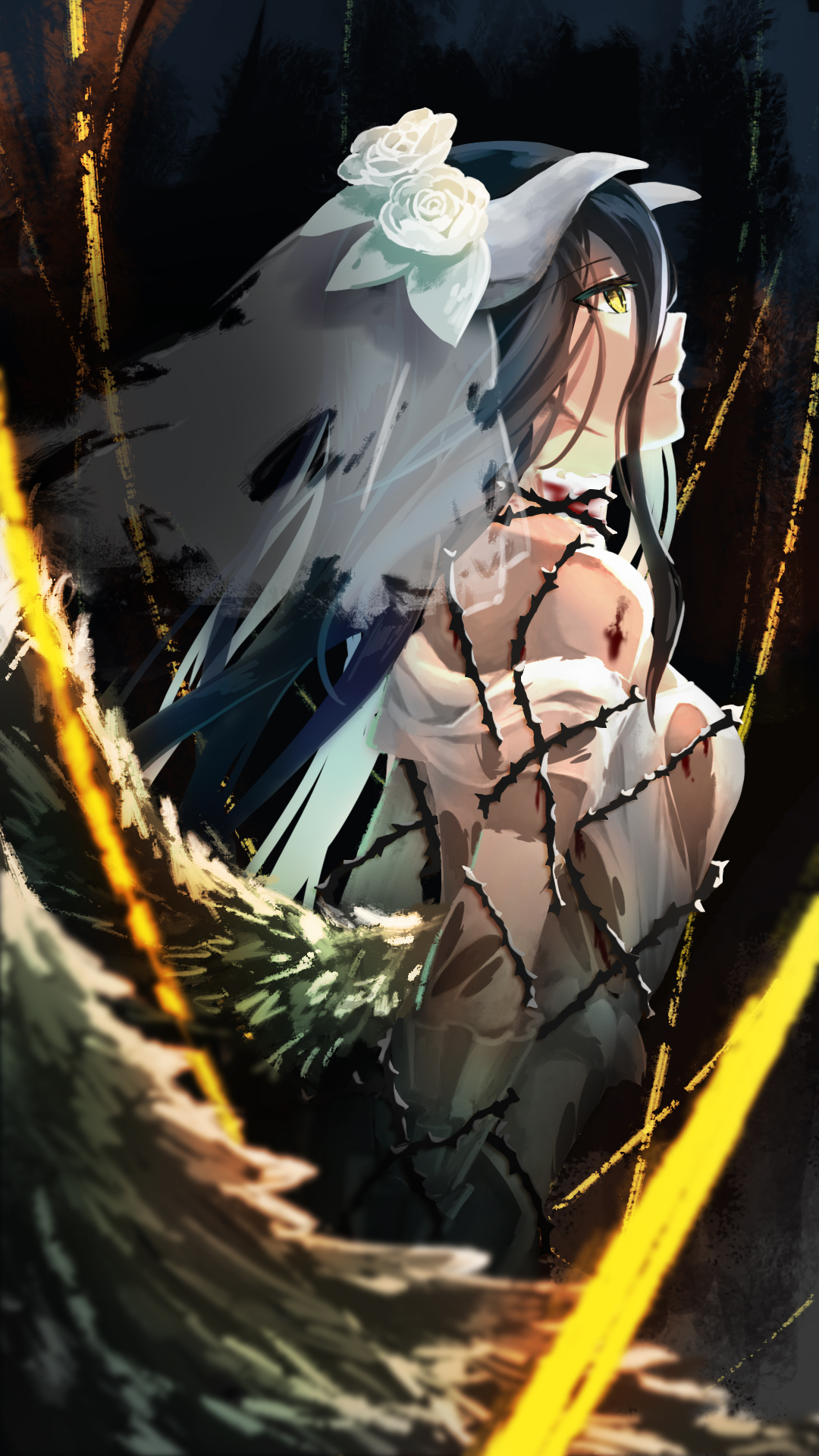 Anime 1080x1920 Albedo (OverLord) black hair boobs dress white dress long hair horns Overlord (anime) wings black wings thorns flowers flower in hair
