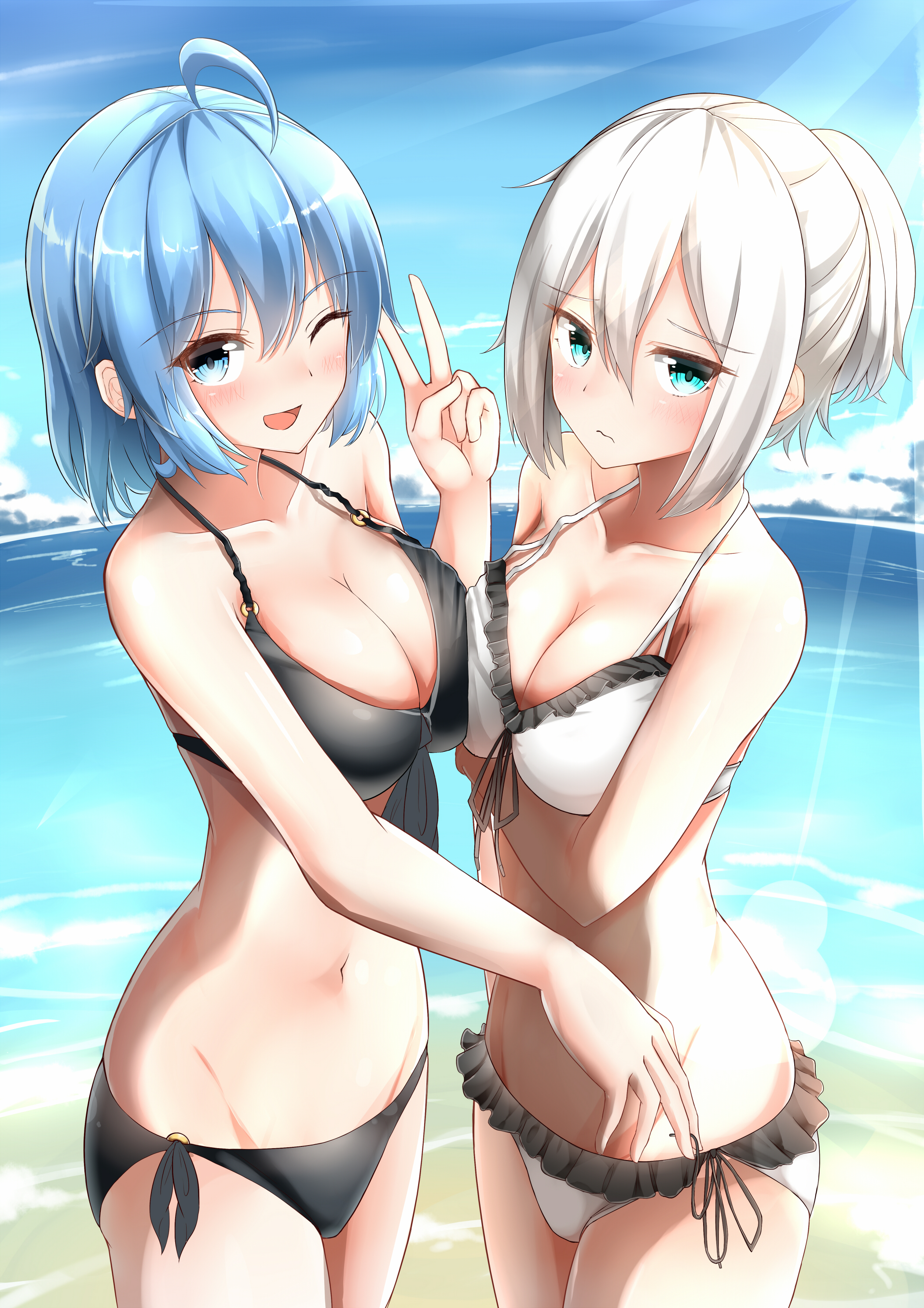 Anime 2100x2971 boobs cleavage blushing bikini beach boobs on boobs blue hair white hair blue eyes wink anime girls Moyoron