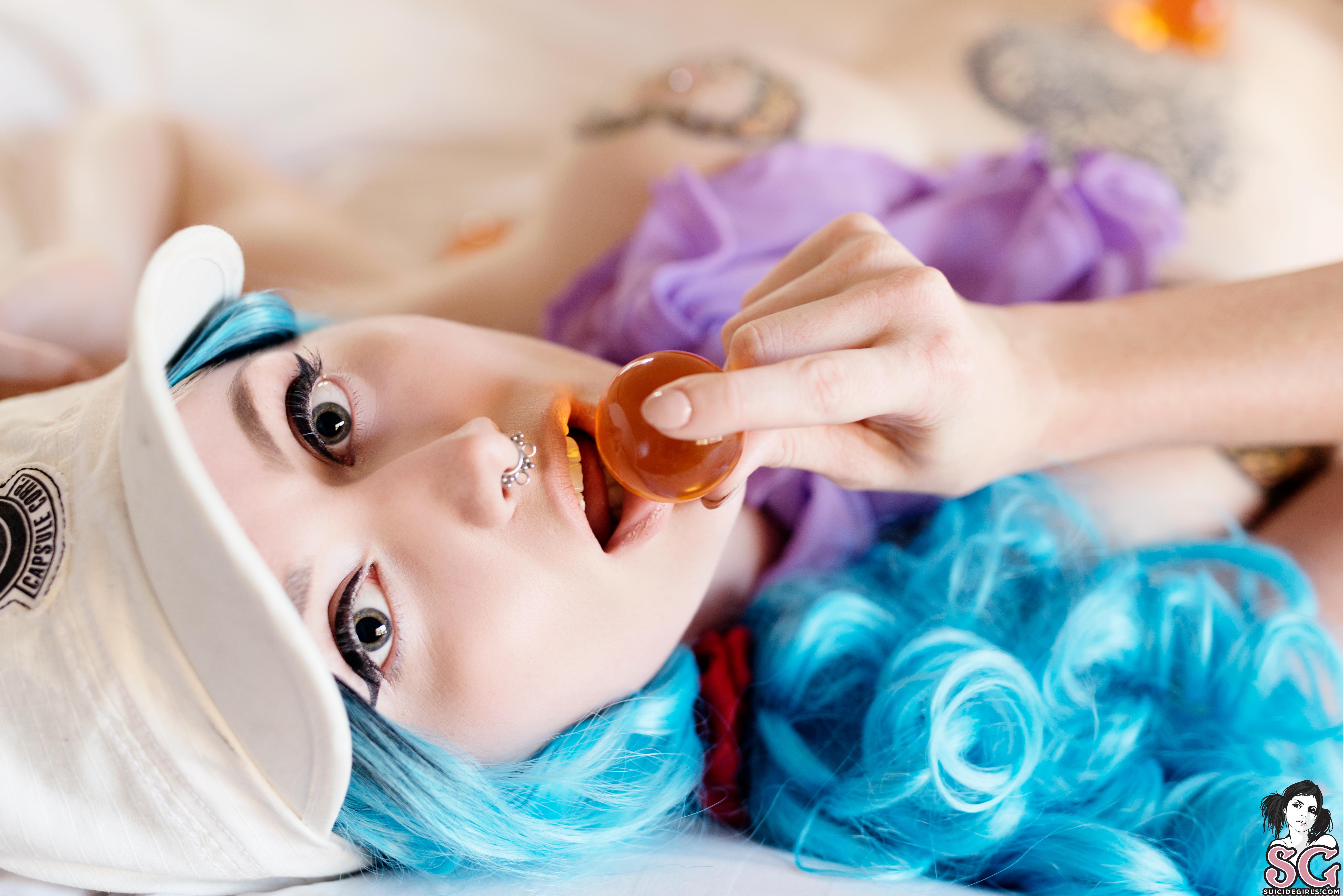 People 6016x4016 Lotticia Suicide Girls tattoo women blue hair Bulma Dragon Ball model in bed watermarked closeup