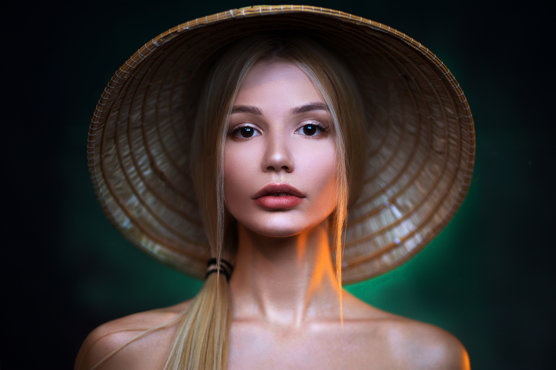 People 1800x1200 women blonde face portrait hat bare shoulders Aleksey Lozgachev long hair straight hair closeup women with hats green background simple background women indoors indoors makeup dark eyes red lipstick looking at viewer studio