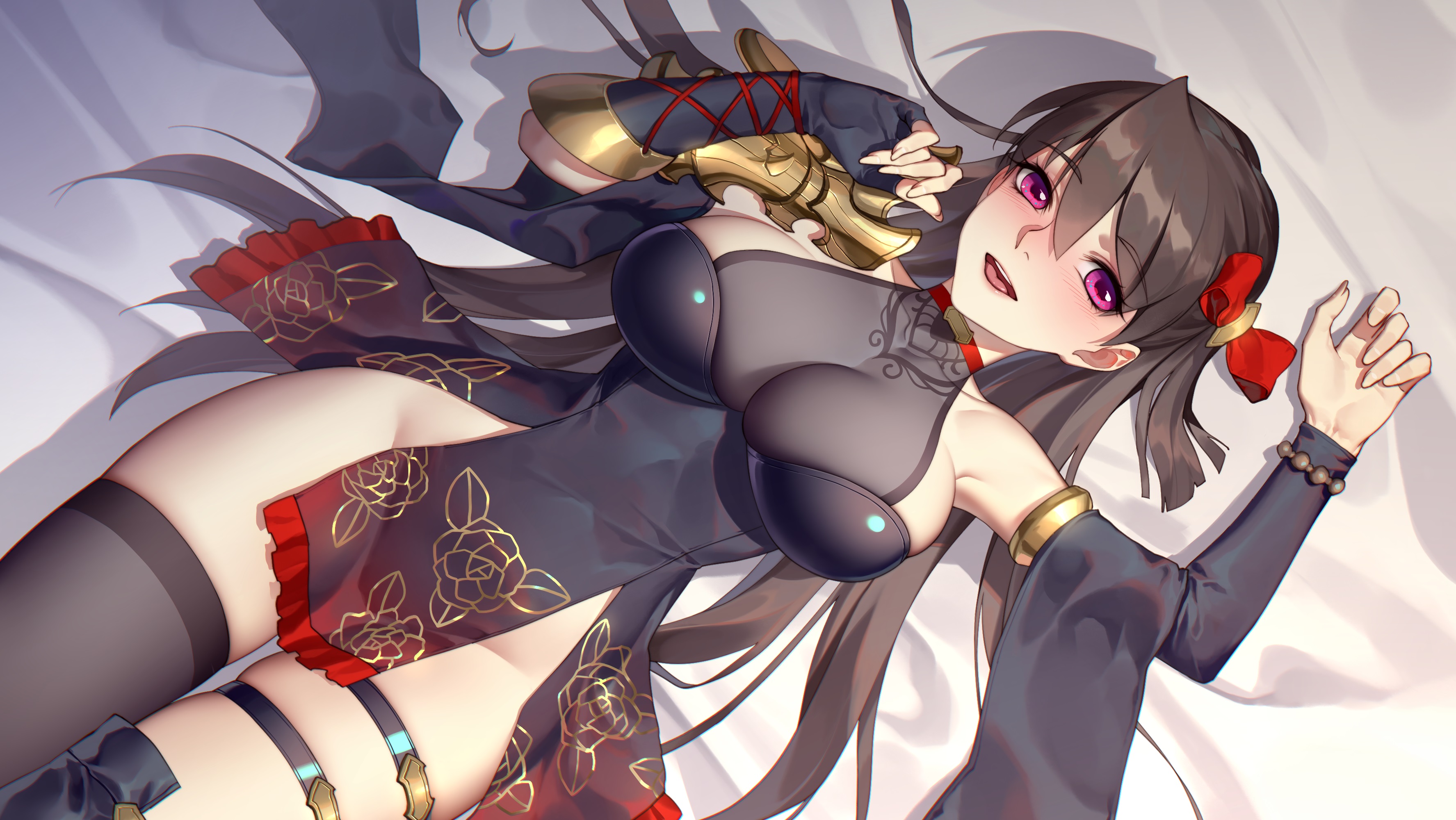 Anime 3550x2000 armor hair bows boobs dress gloves long hair nopan purple eyes thigh-highs white background