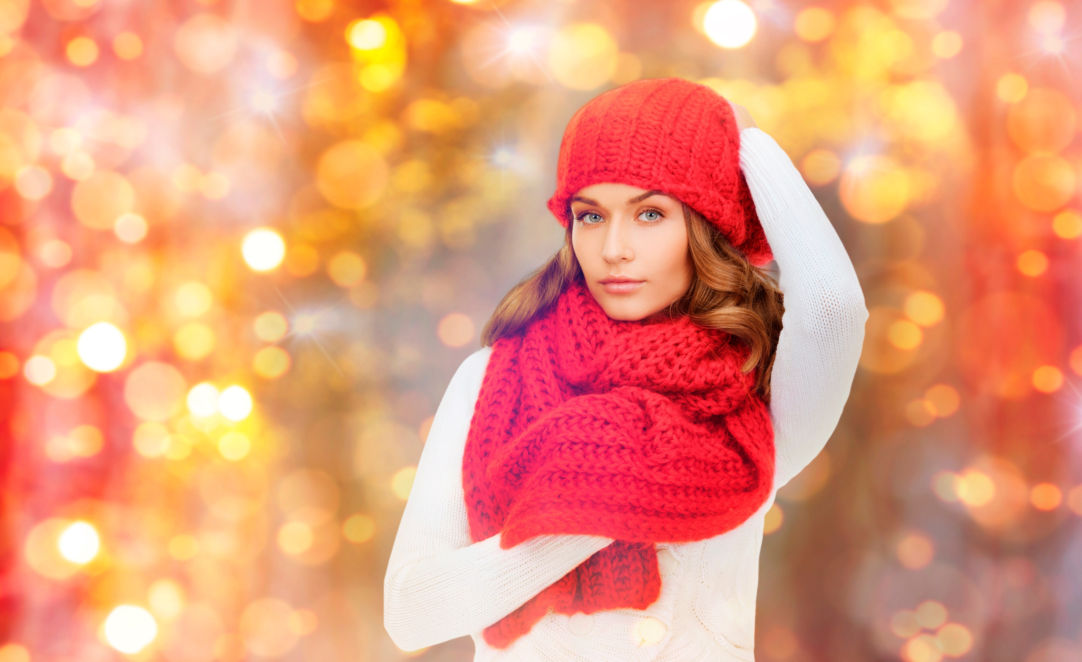 People 3500x2144 women model redhead scarf wool hat sweater white sweater hands on head looking at viewer wool cap