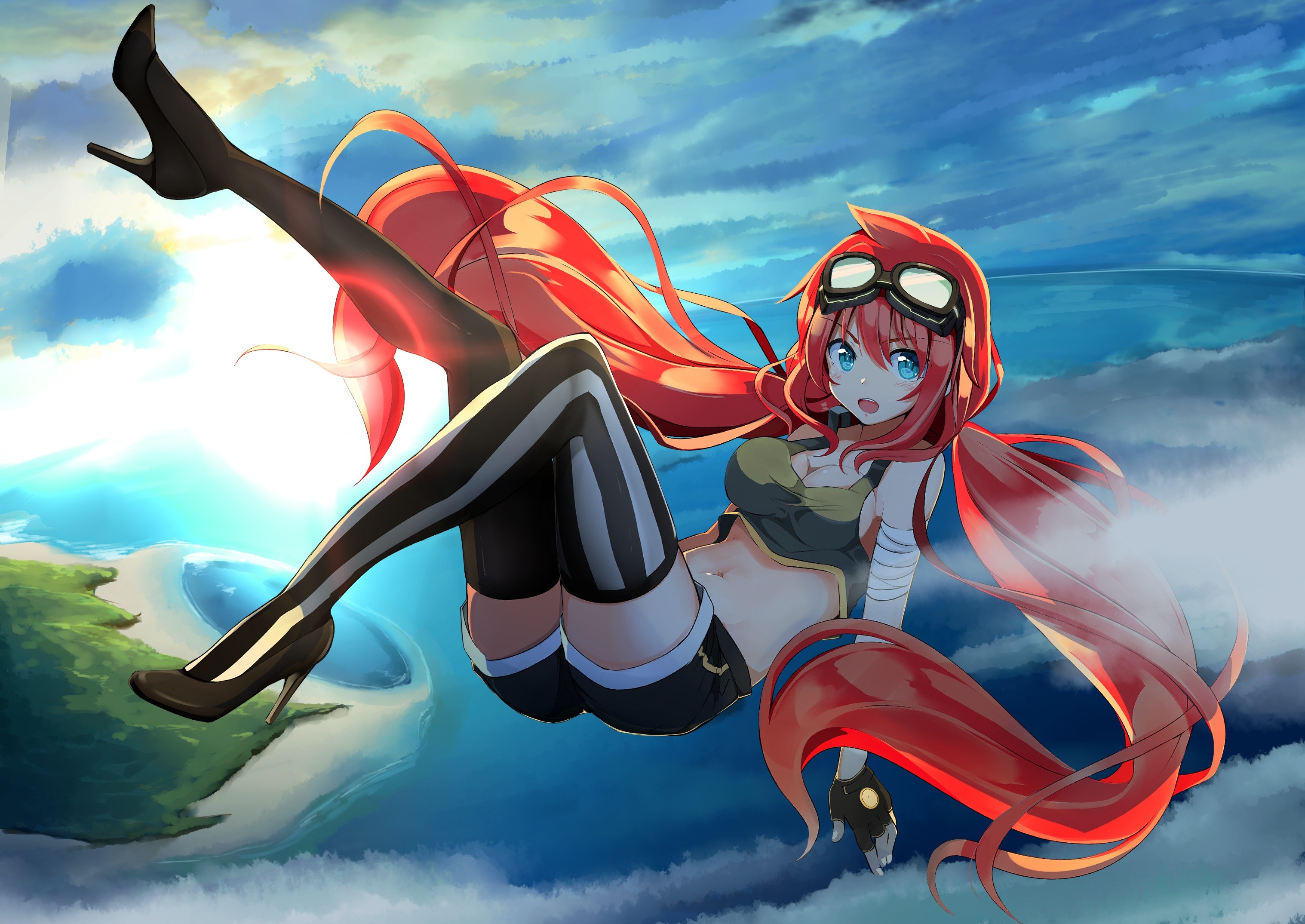 Anime 3035x2149 anime anime girls bandages cleavage heels redhead long hair Pixiv legs open mouth aqua eyes stockings striped stockings goggles