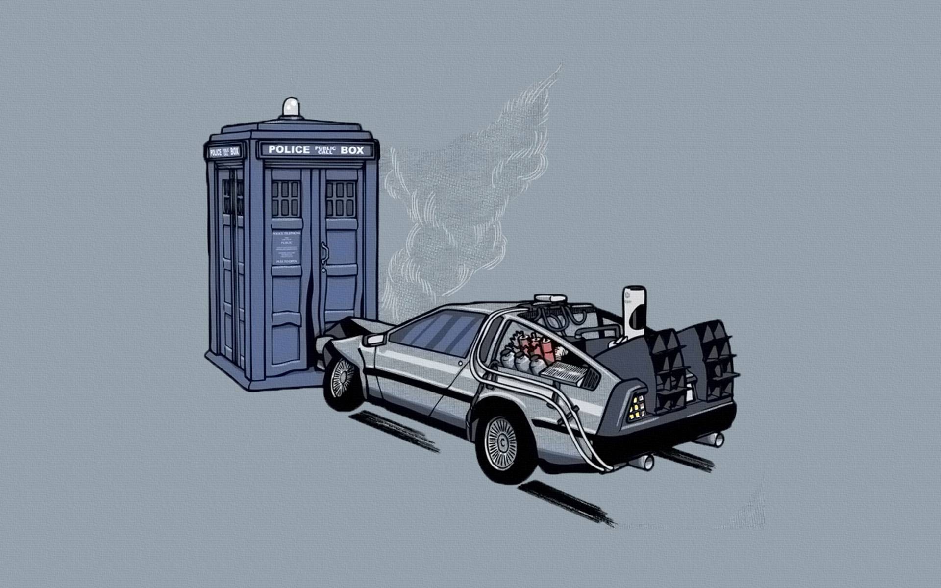 General 1920x1200 Doctor Who Back to the Future crossover Time Machine car vehicle simple background artwork science fiction TV series movies humor crash gray background gray