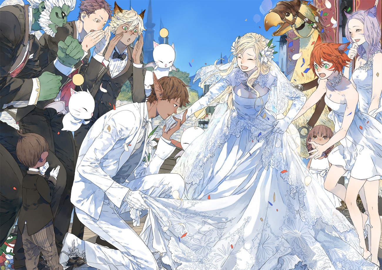 Anime 1300x919 Final Fantasy anime girls brides wedding dress blonde video games video game art anime fantasy men fantasy girl open mouth flower in hair dress pointy ears