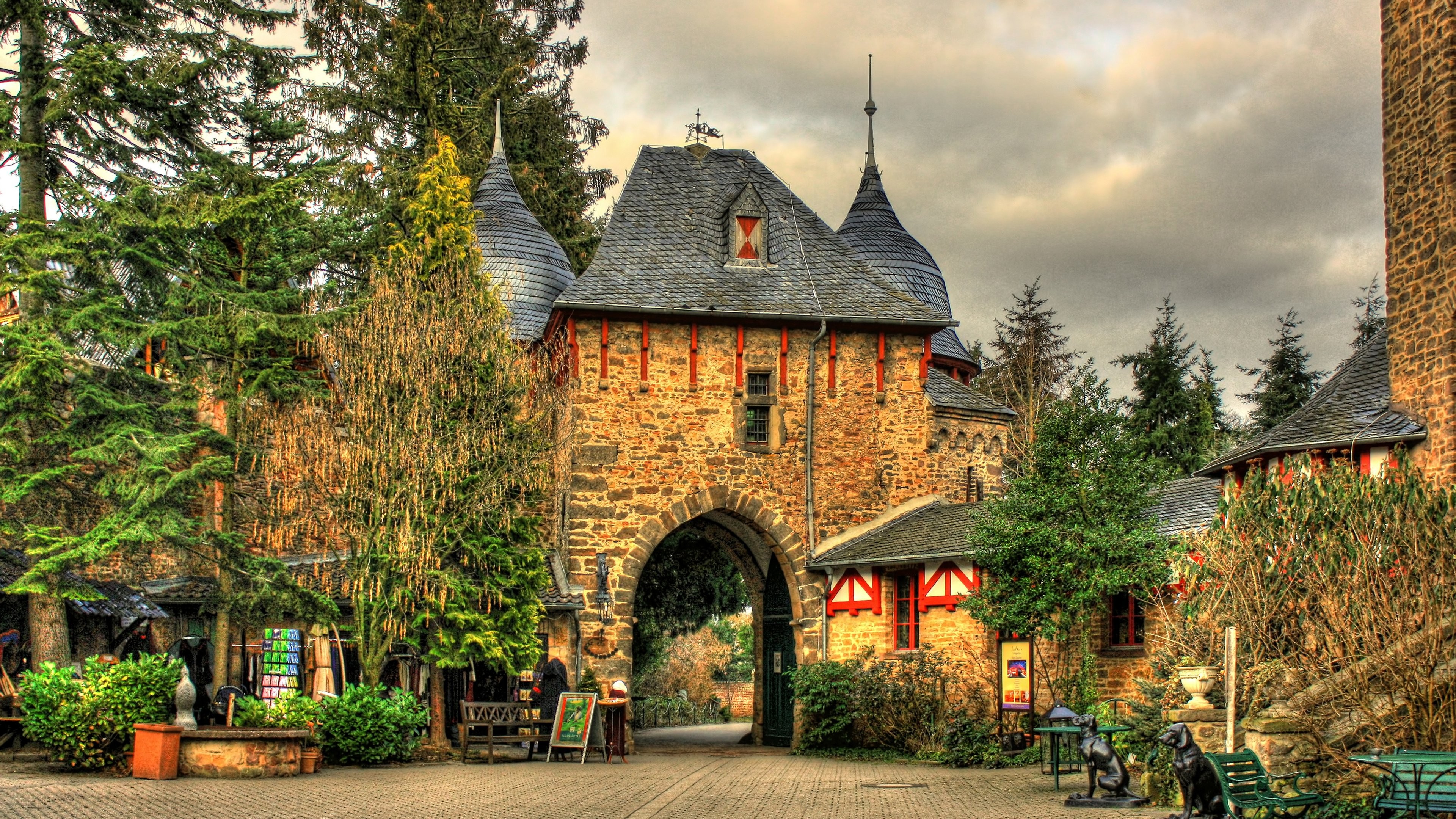 General 3840x2160 architecture castle ancient trees Germany HDR arch pine trees bench stones