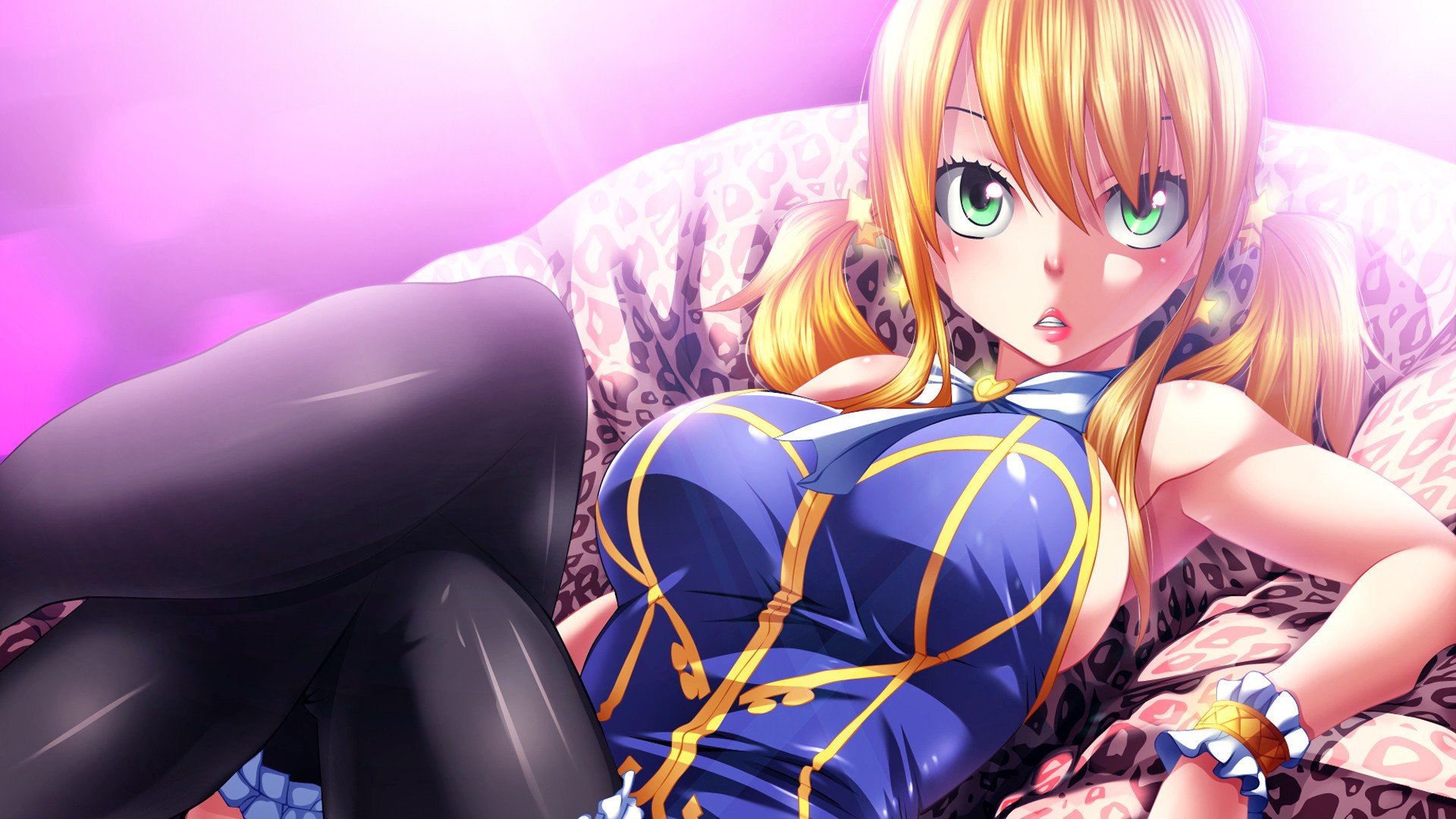 Anime 1920x1080 Fairy Tail Heartfilia Lucy  big boobs anime girls blonde green eyes huge breasts boobs looking at viewer thighs legs long hair women curvy pink background hair in face