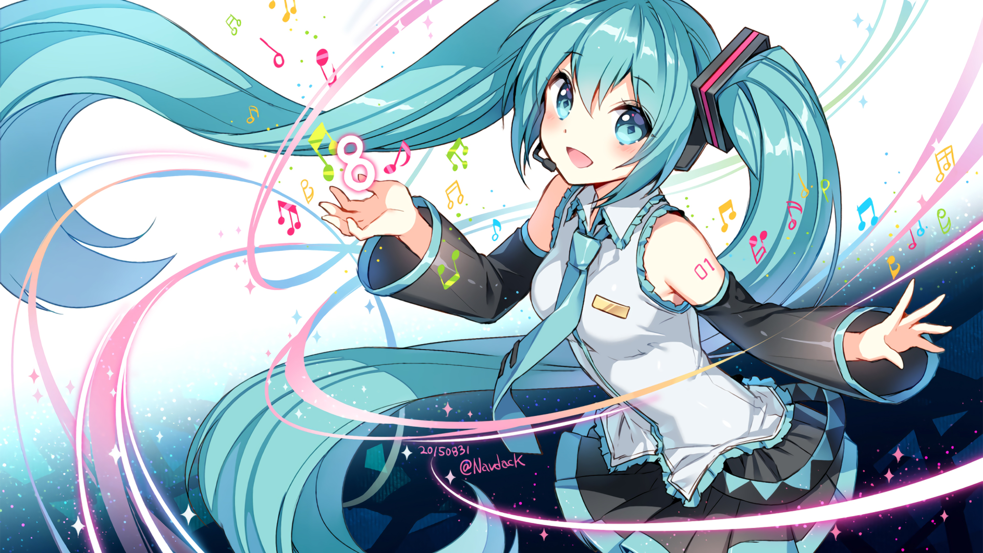 Anime 1920x1080 Hatsune Miku Vocaloid anime long hair numbers musical notes turquoise hair anime girls cyan hair aqua eyes tie skirt watermarked looking at viewer