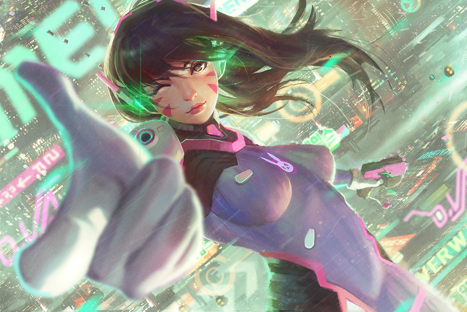 General 1500x1001 D.Va (Overwatch) Overwatch bodysuit artwork video game girls video game characters PC gaming brunette futuristic science fiction women long hair women one eye closed looking at viewer boobs gun girls with guns women with weapons