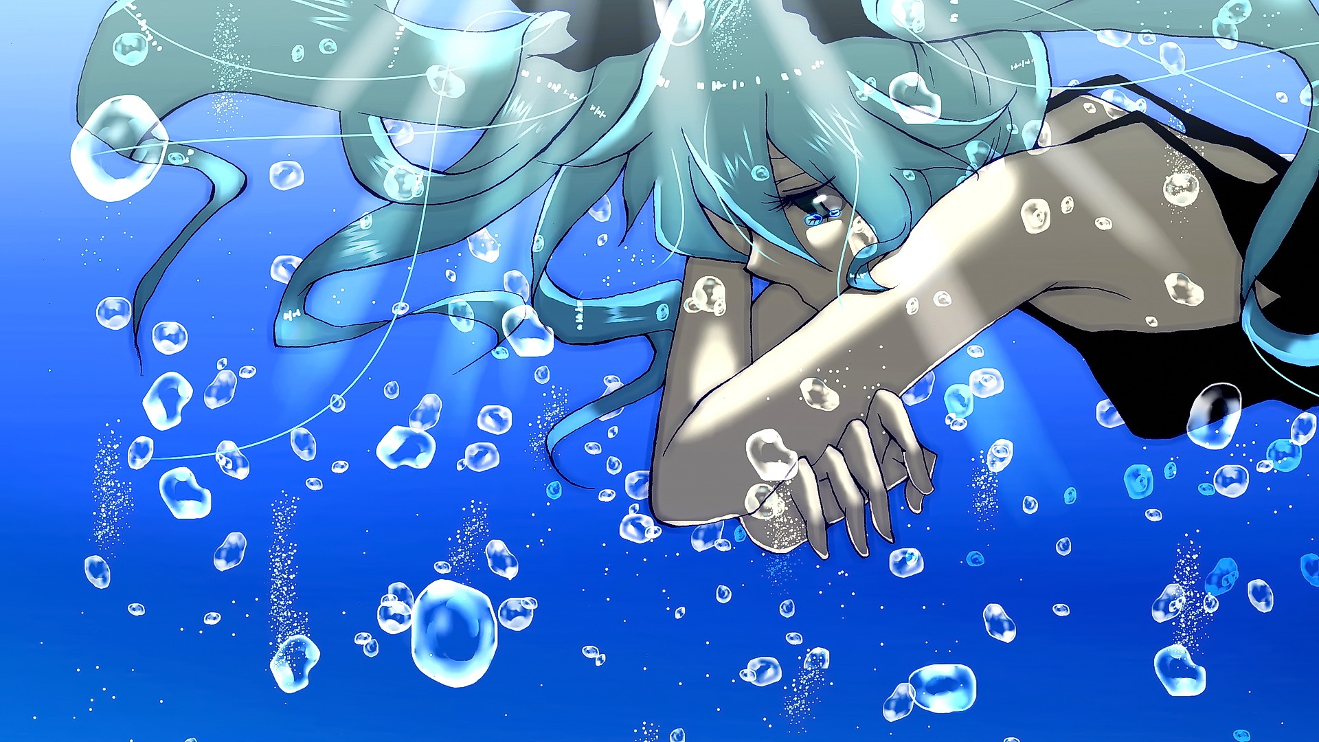 Anime 1920x1080 anime anime girls long hair cyan hair green eyes water looking away Vocaloid Hatsune Miku underwater