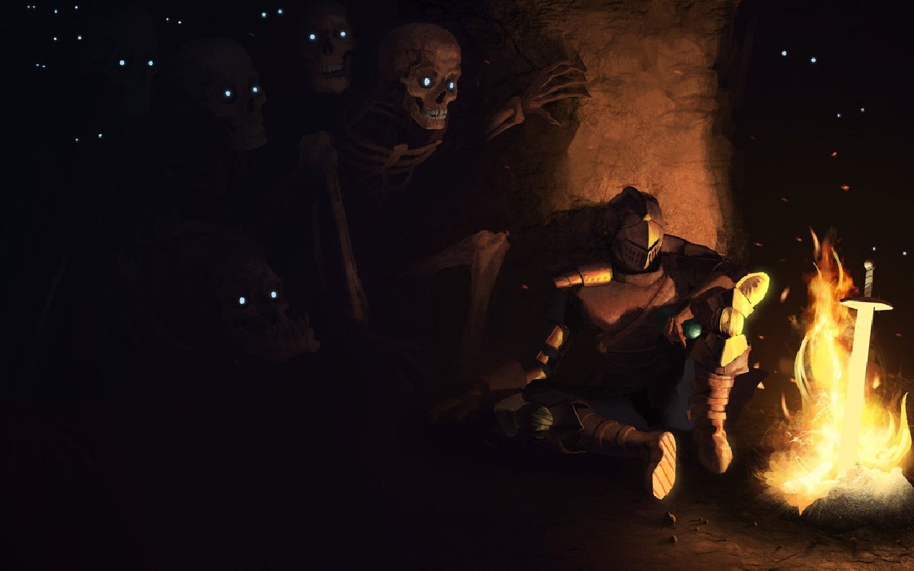 General 1280x800 Dark Souls video game art skull fantasy art video games campfire horror glowing eyes skeleton dark