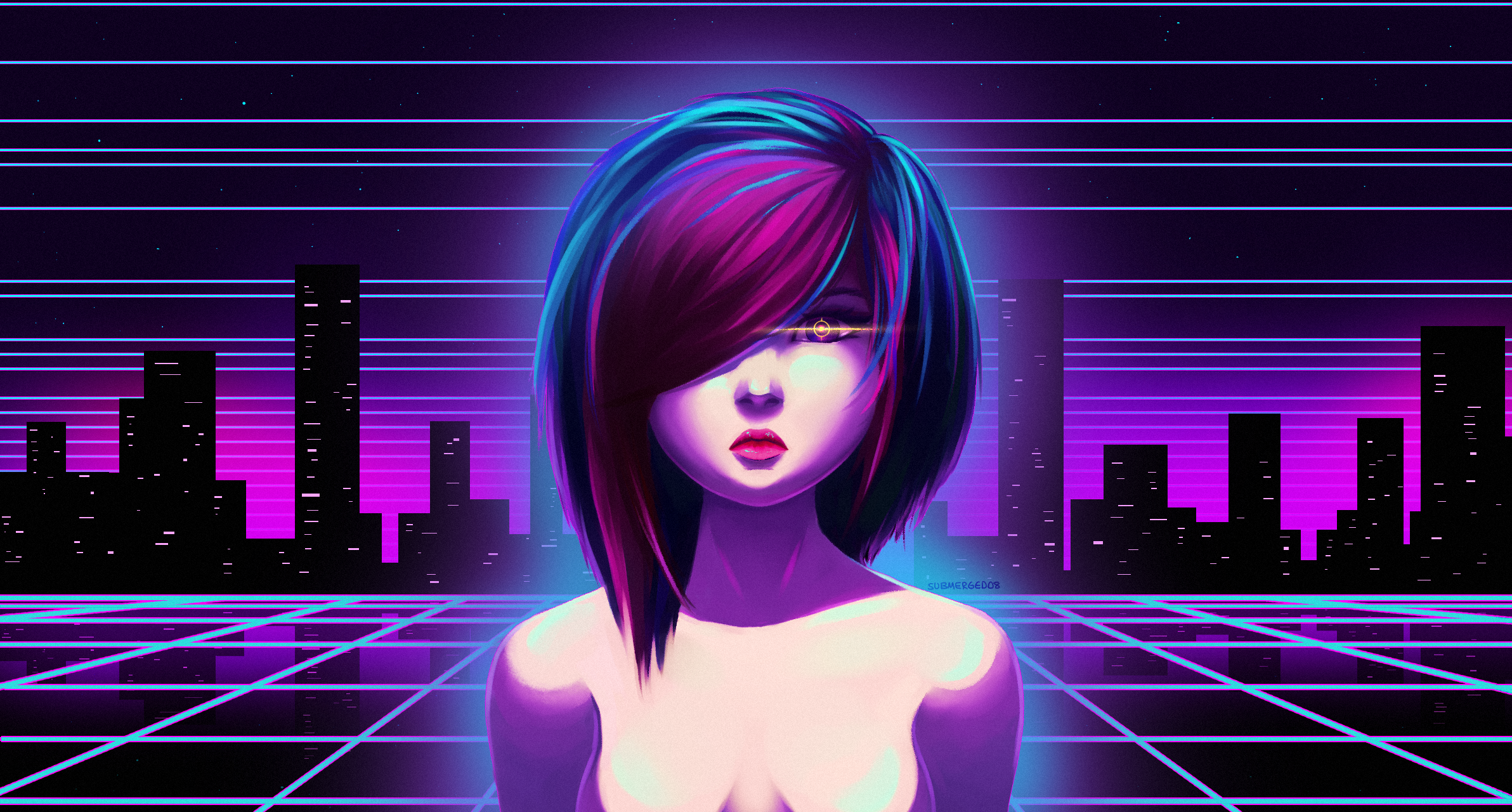 General 2384x1280 New Retro Wave neon synthwave women face red lipstick boobs bare shoulders digital art artwork hair over one eye shoulder length hair grid