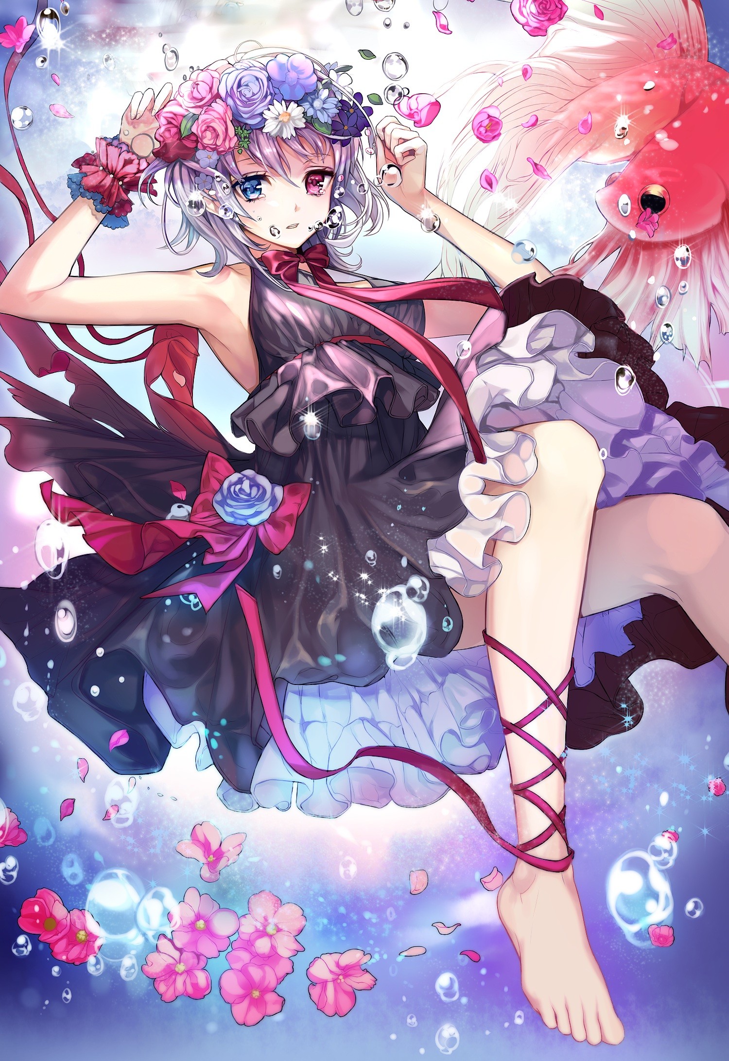 Anime 1500x2184 anime anime girls Sword Girls (game) dress feet heterochromia Pixiv legs barefoot flower crown black dress fantasy art fantasy girl flowers