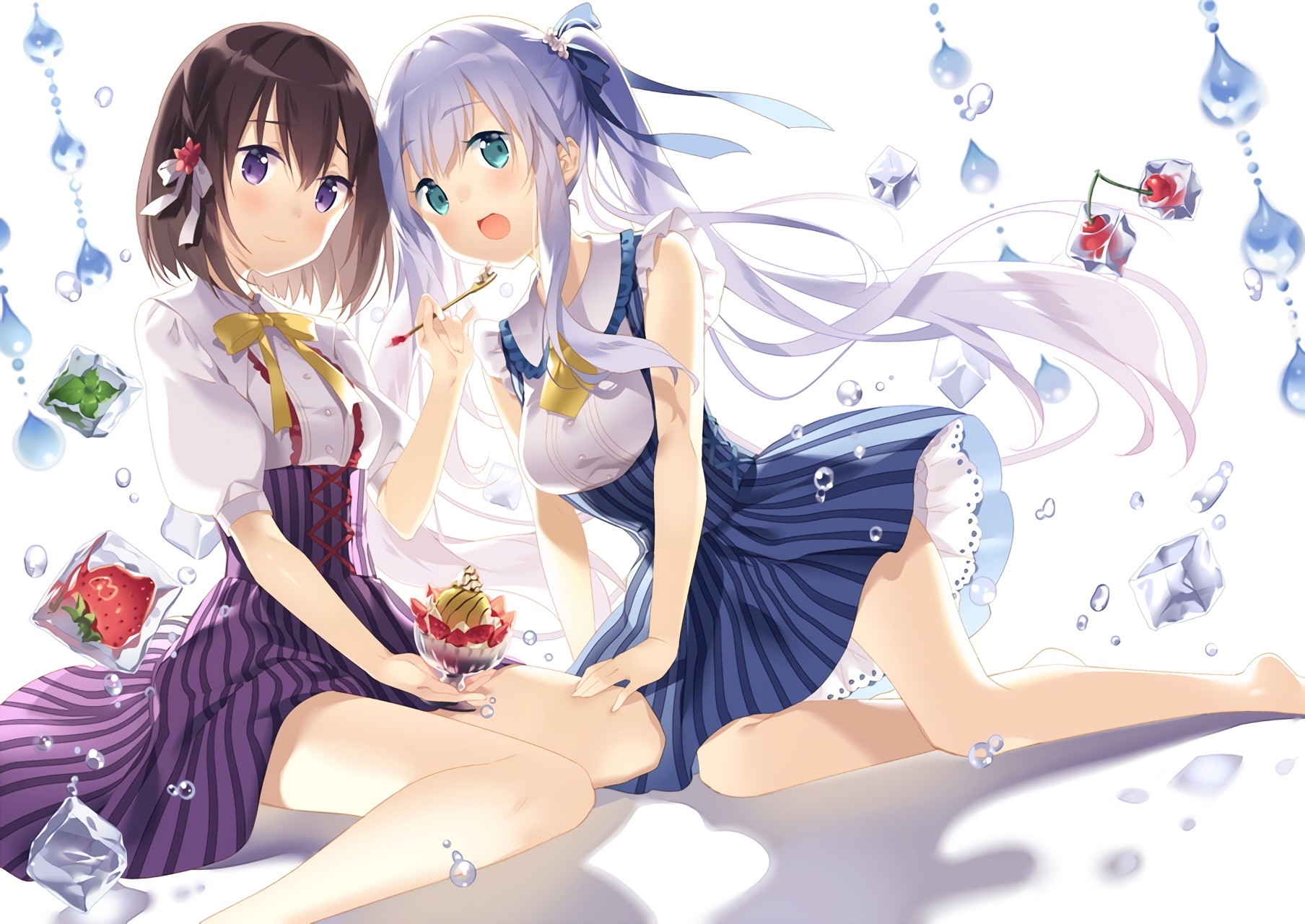 Anime 1808x1280 anime anime girls long hair food fruit ice cream skirt water Rie dress Pixiv two women sweets purple eyes aqua eyes shoulder length hair thighs white background open mouth looking at viewer